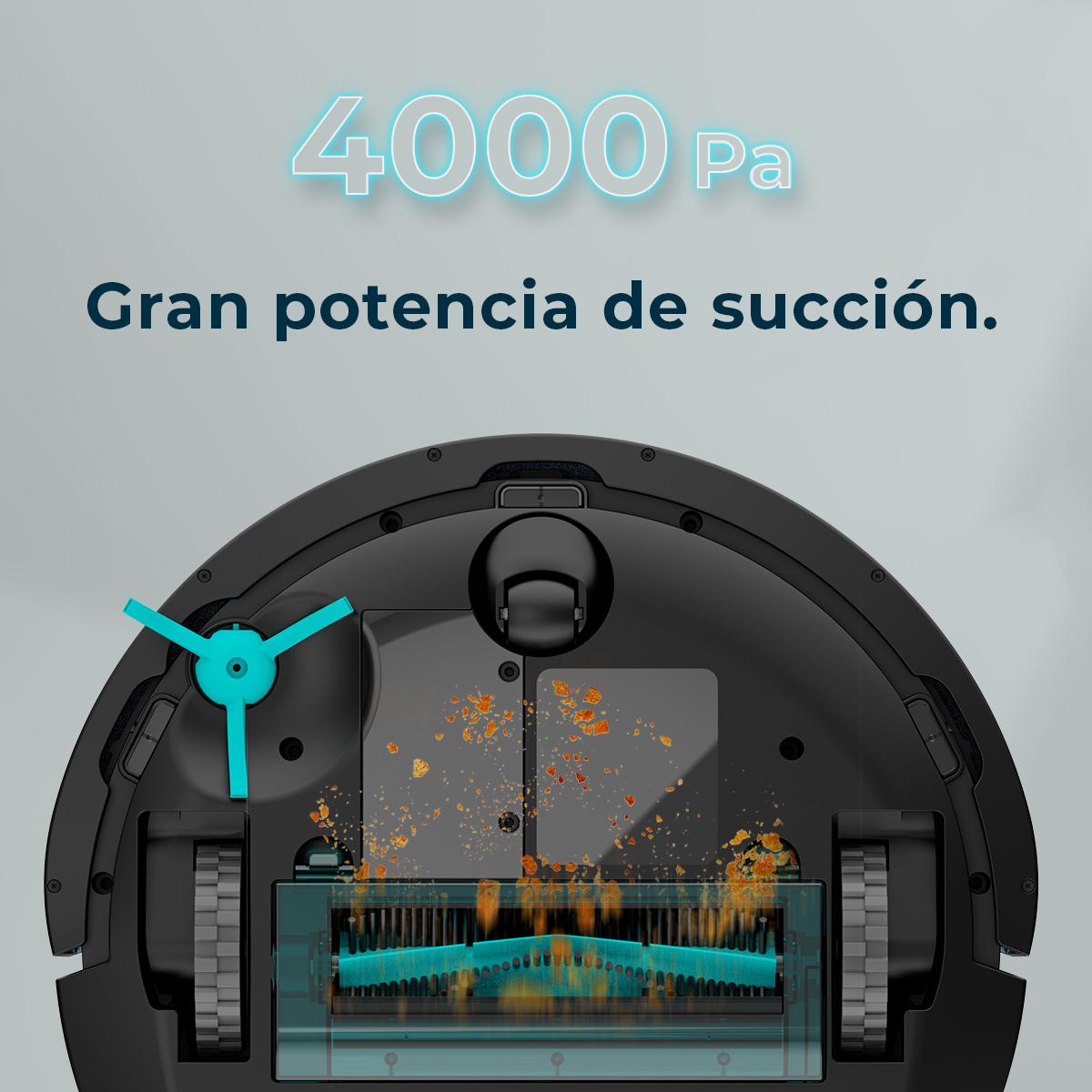 Czarny robot sprzątający, pokazujący elementy wewnętrzne. Tekst u góry brzmi: '4000 Pa', 'Gran potencia de succión'.