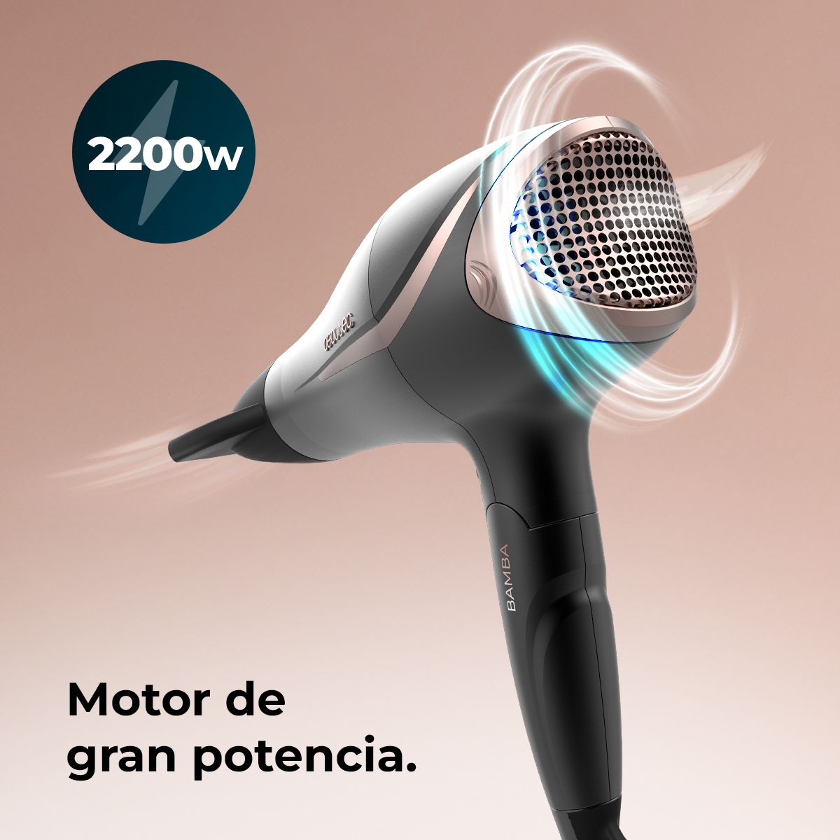 Un asciugacapelli moderno nero e grigio con un accento oro rosa. Ha un indicatore di potenza di 2200W e le parole "Motor de gran potencia."