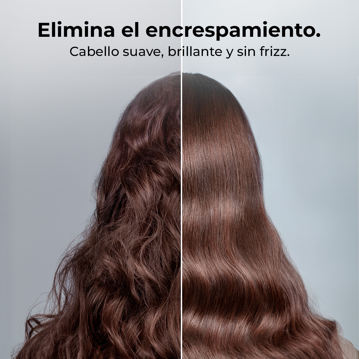 L'immagine mostra i capelli prima e dopo il trattamento. Il lato sinistro è crespo, il lato destro è liscio e lucido. Il testo dice "Elimina l'effetto crespo".
