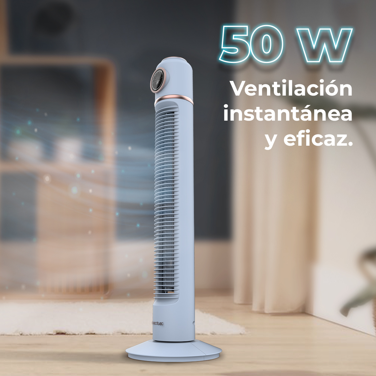 A white and blue tower fan stands on a wooden floor. Text says '50W' and 'Instant and efficient ventilation'.