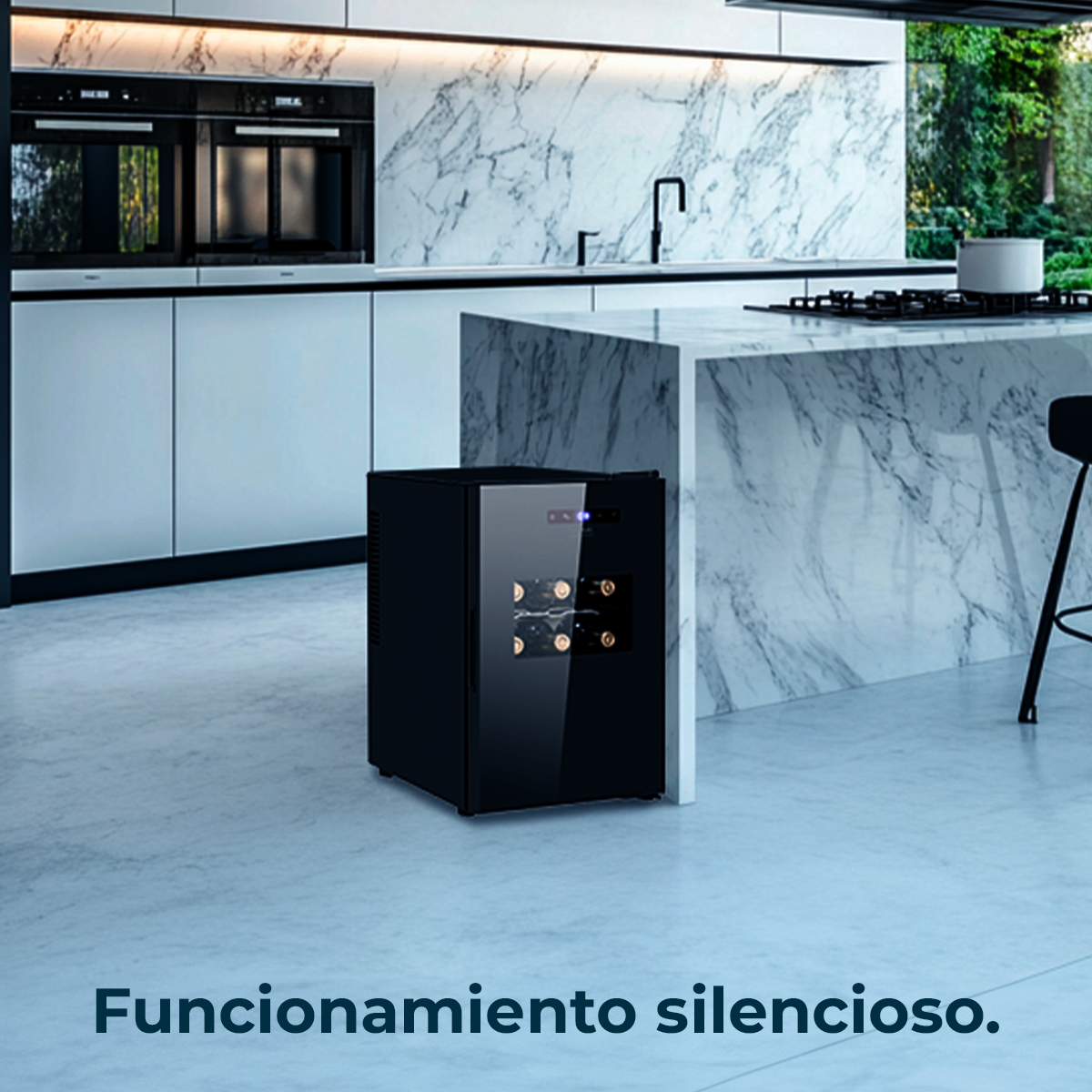 A modern kitchen with marble countertops. A black wine cooler sits on the floor. Background has ovens and a window.