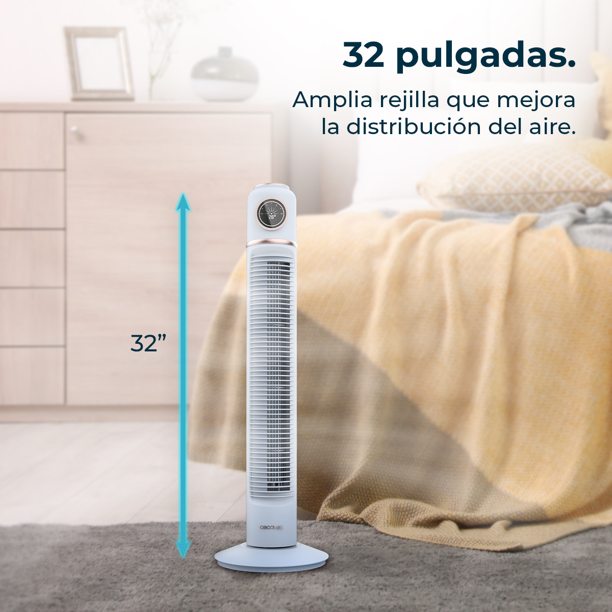 A white and gold tower fan, 32 inches tall, stands on a rug. A bed with yellow blanket is in the background.