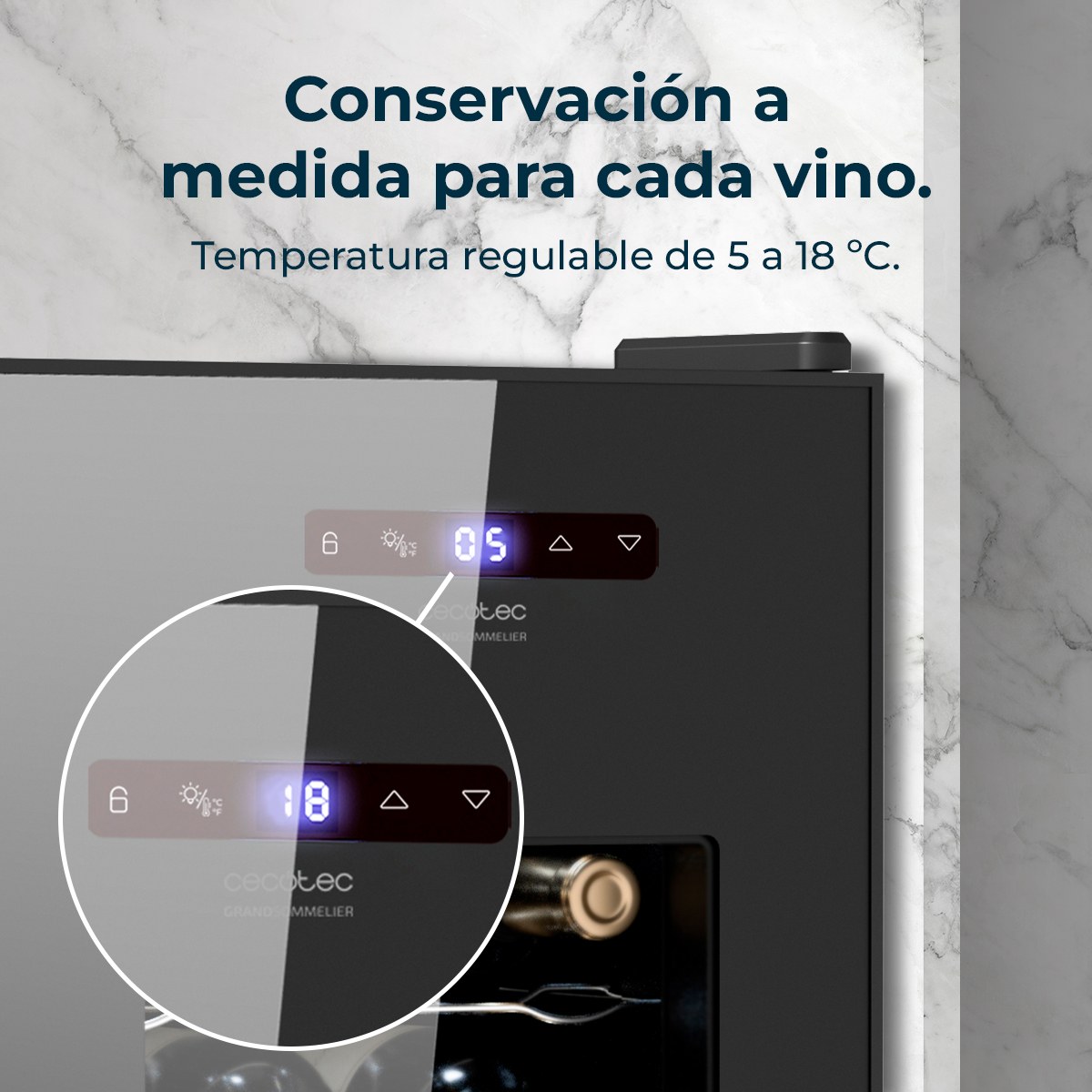 A close-up of a wine cooler. It shows the temperature control panel with the temperature display at 05 and 18 degrees.