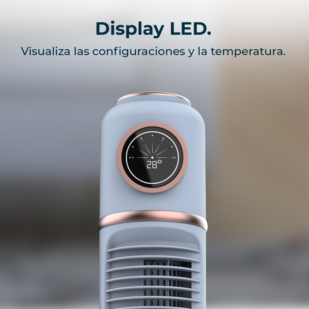 A light blue air cooler with a digital display showing 28 degrees. It has rose gold accents and a fan at the bottom.