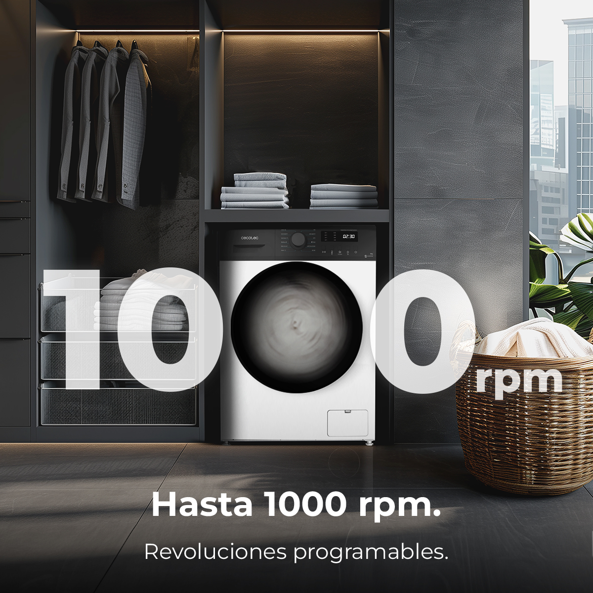 Pralka z obracającym się bębnem w nowoczesnej pralni. Pralka jest biała i ma czarny panel sterowania.