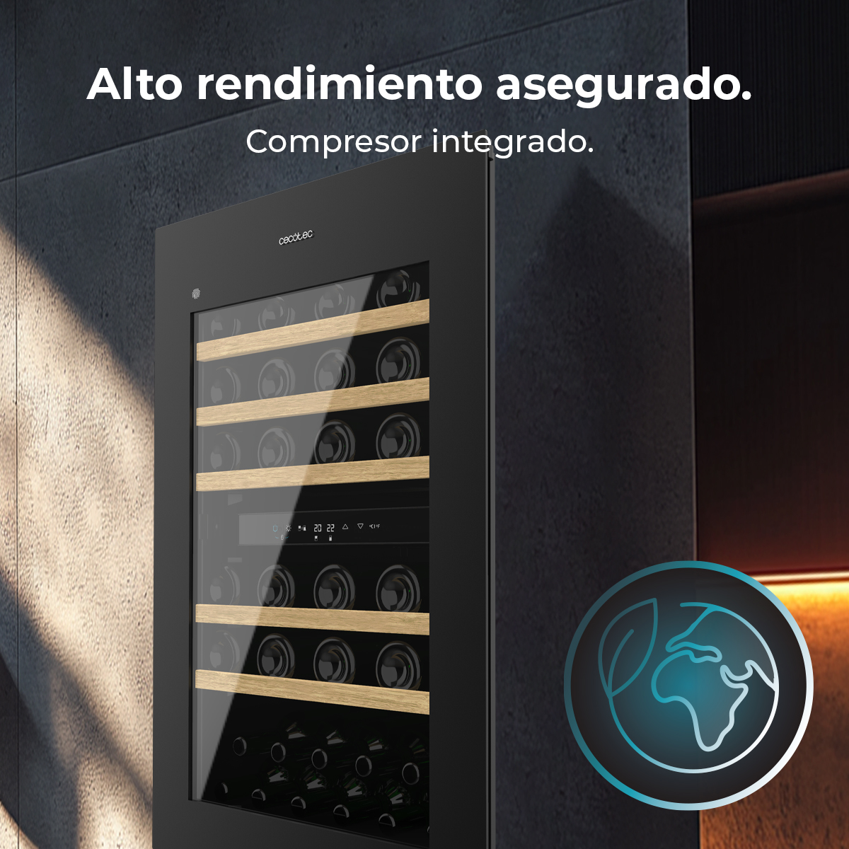 Una vinoteca negra con puerta de cristal muestra botellas. Texto: 'Alto rendimiento asegurado. Compresor integrado' con logo de la tierra.