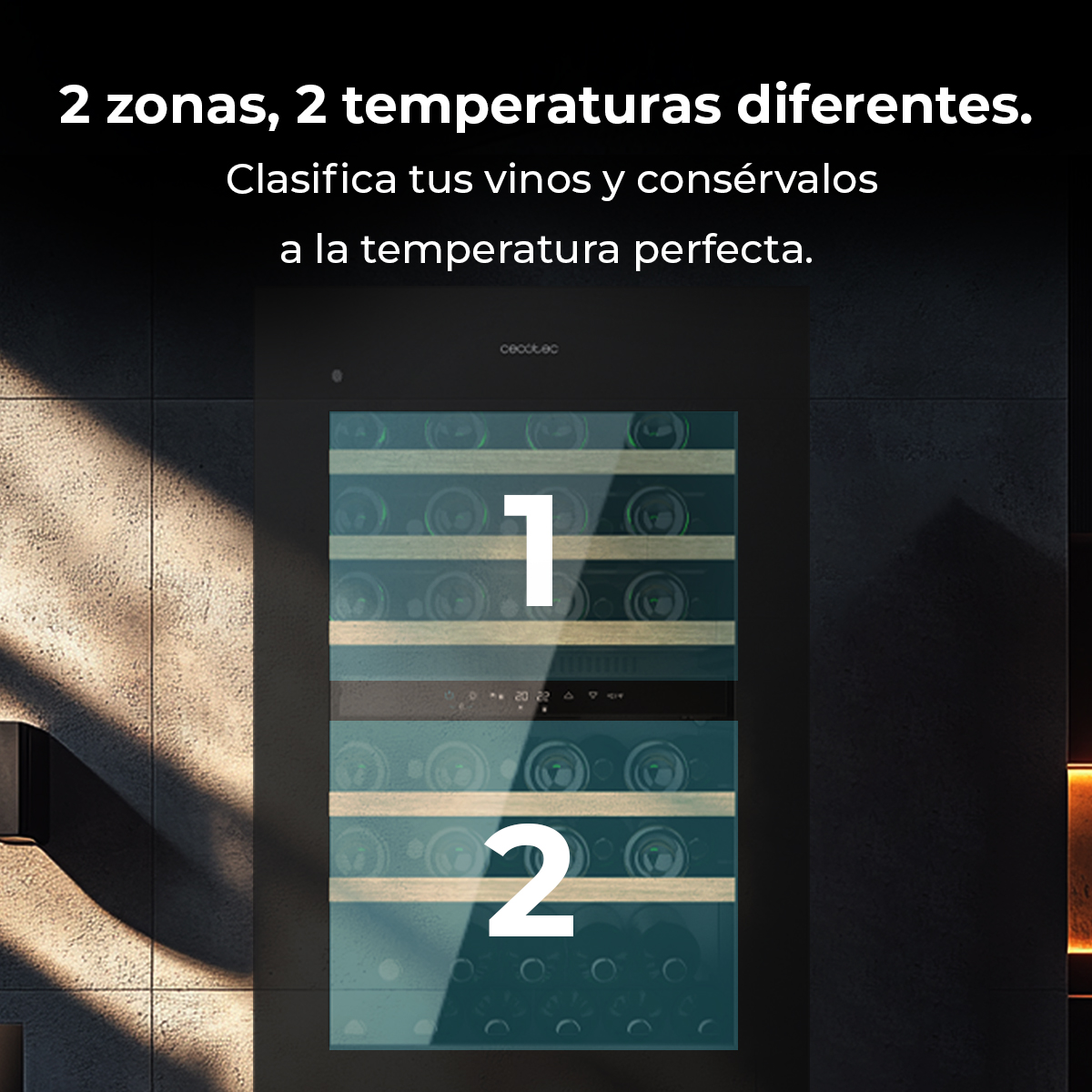 Se muestra una vinoteca con dos zonas, con los números 1 y 2 que resaltan las diferentes zonas. Texto en español presente.