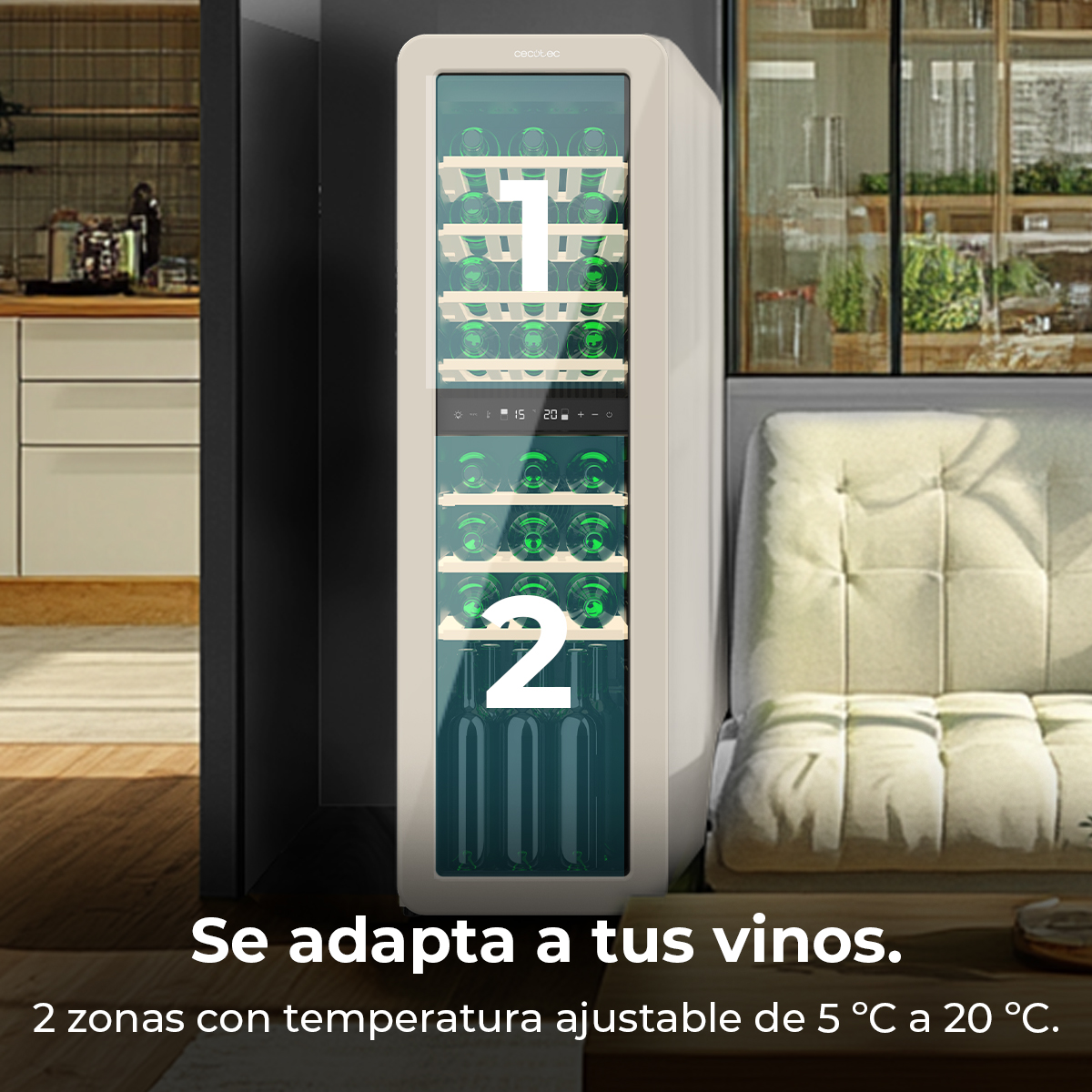 È mostrato un refrigeratore per vino a due zone, pieno di bottiglie. I numeri 1 e 2 sono visualizzati. Il testo dice: Si adatta ai tuoi vini.