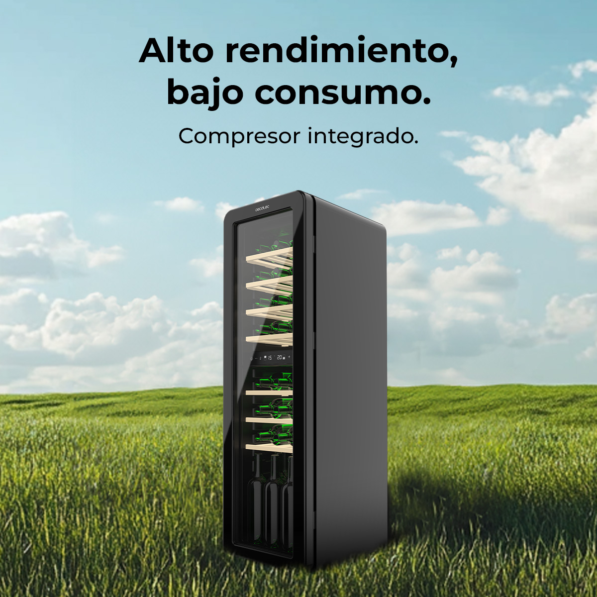 Un frigo per vino nero su un campo verde. Lo sfondo mostra un cielo blu con nuvole bianche.