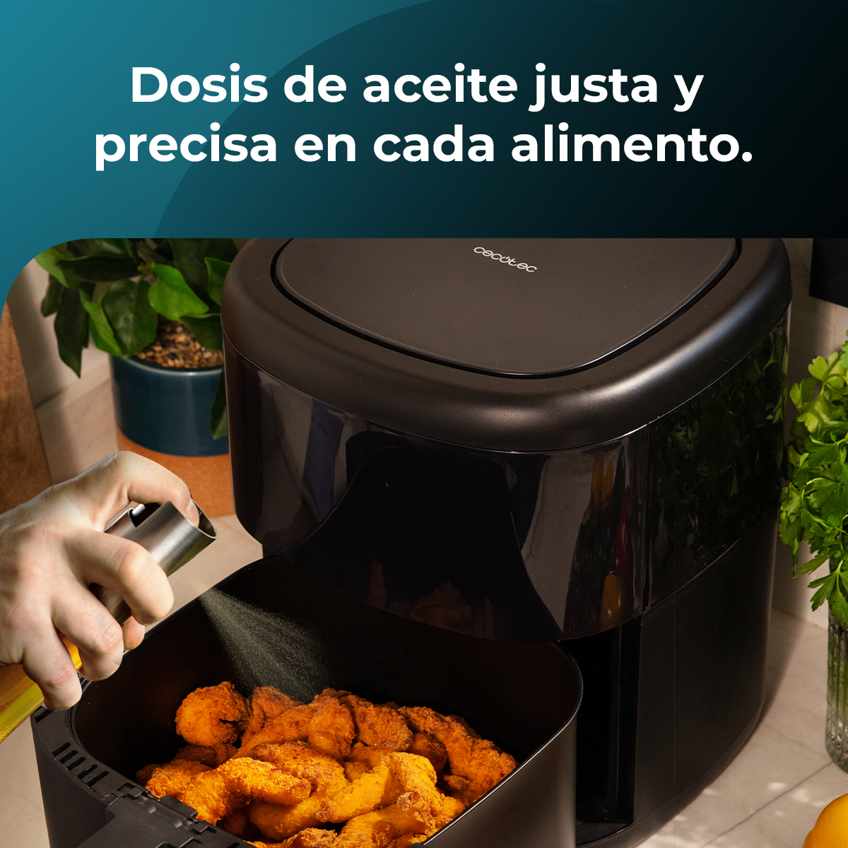 Una mano rocía aceite sobre pollo frito en una freidora de aire negra. Plantas y texto en el fondo.