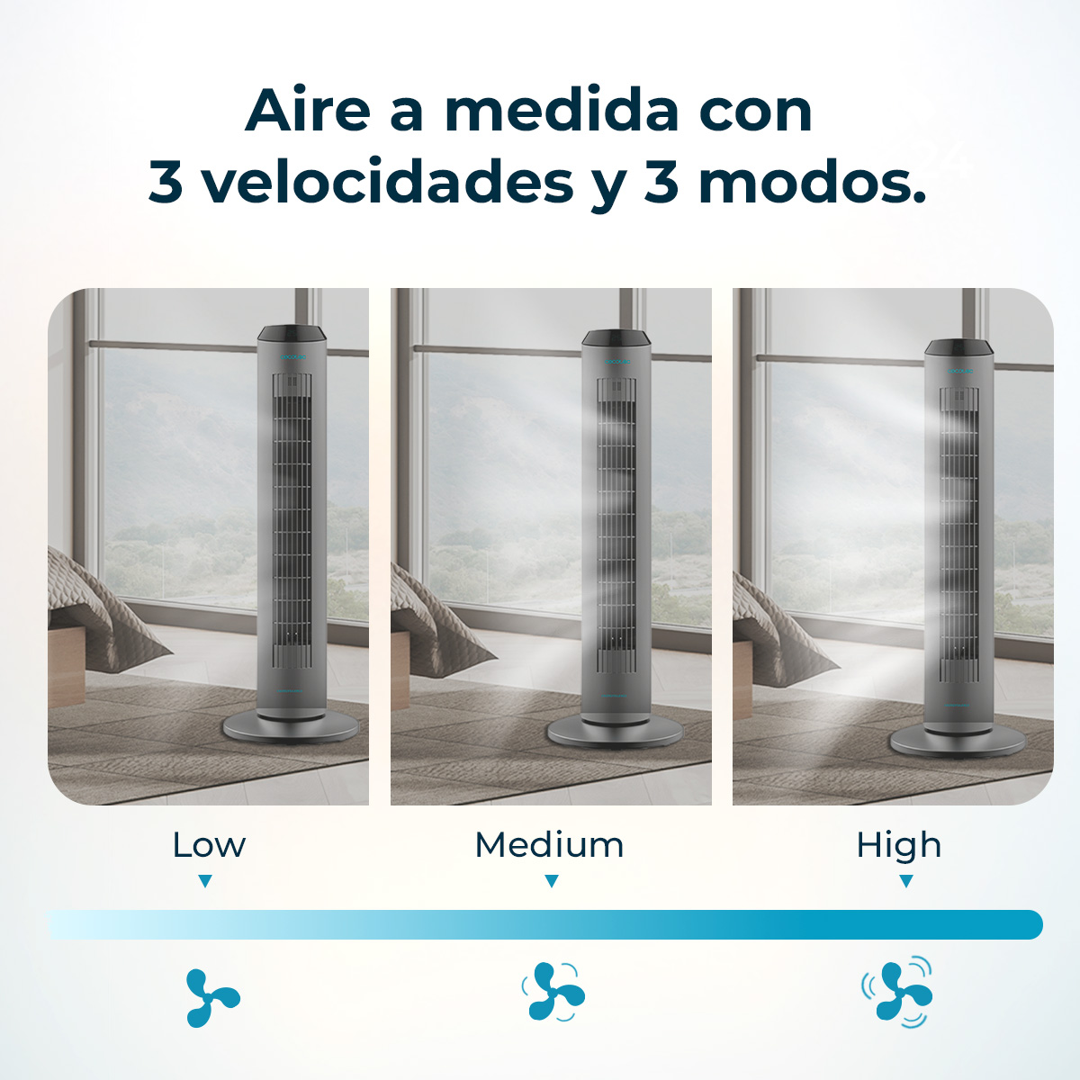 Obraz przedstawia szary wentylator wieżowy z 3 prędkościami: niską, średnią i wysoką, z ikonami wentylatora. Tekst brzmi: 'Powietrze mierzone z 3 prędkościami i 3 trybami.'