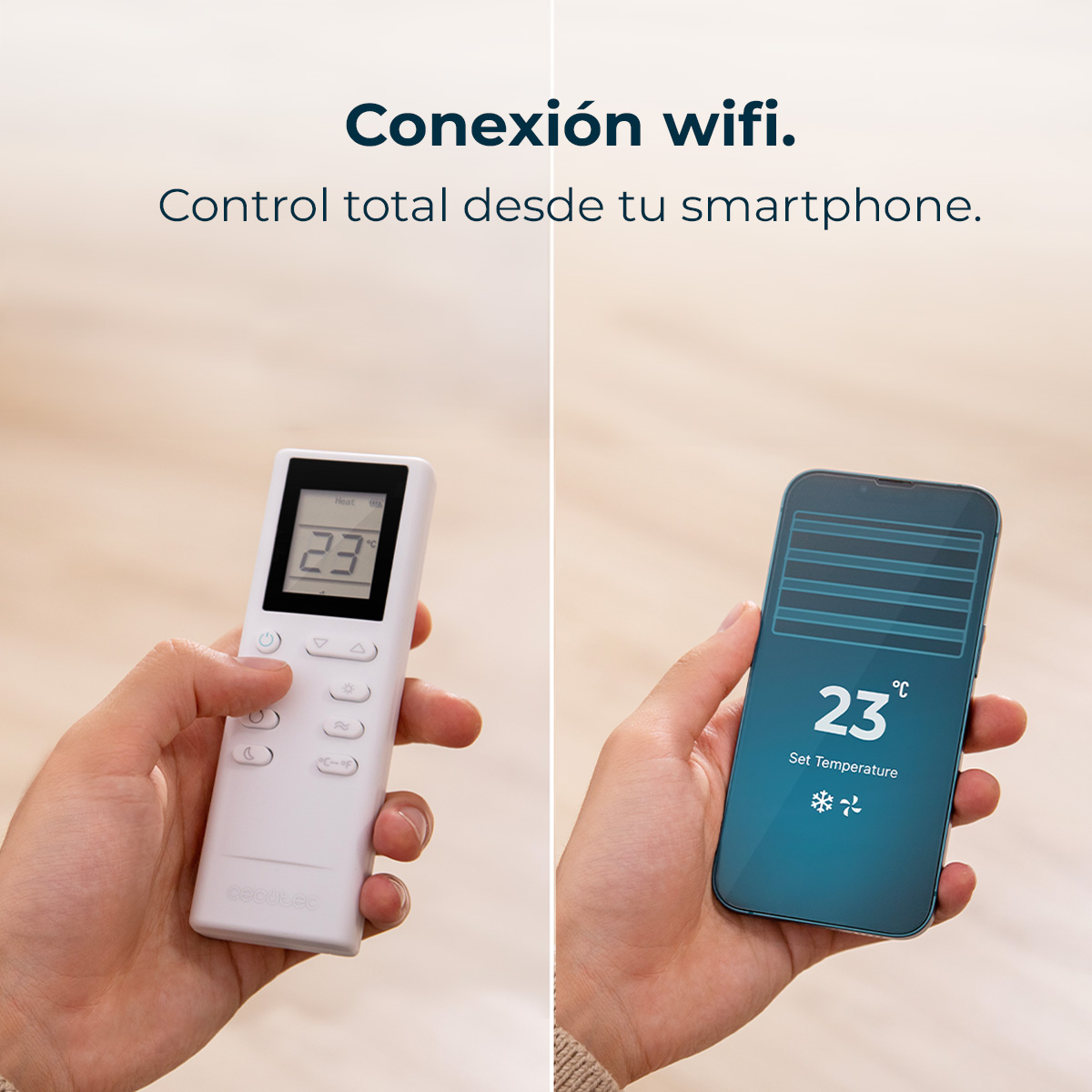 Dłonie trzymające pilota i smartfon pokazujący temperaturę. Tekst: 'Conexión wifi. Control total desde tu smartphone.'