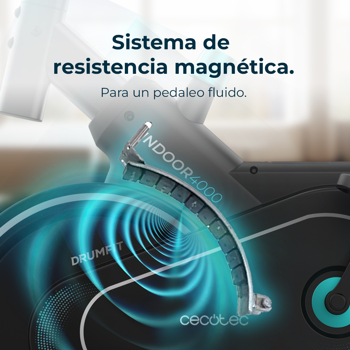 Componente de bicicleta estática con texto 'Sistema de resistencia magnética.' e 'INDOOR4000'. Líneas azules en espiral.