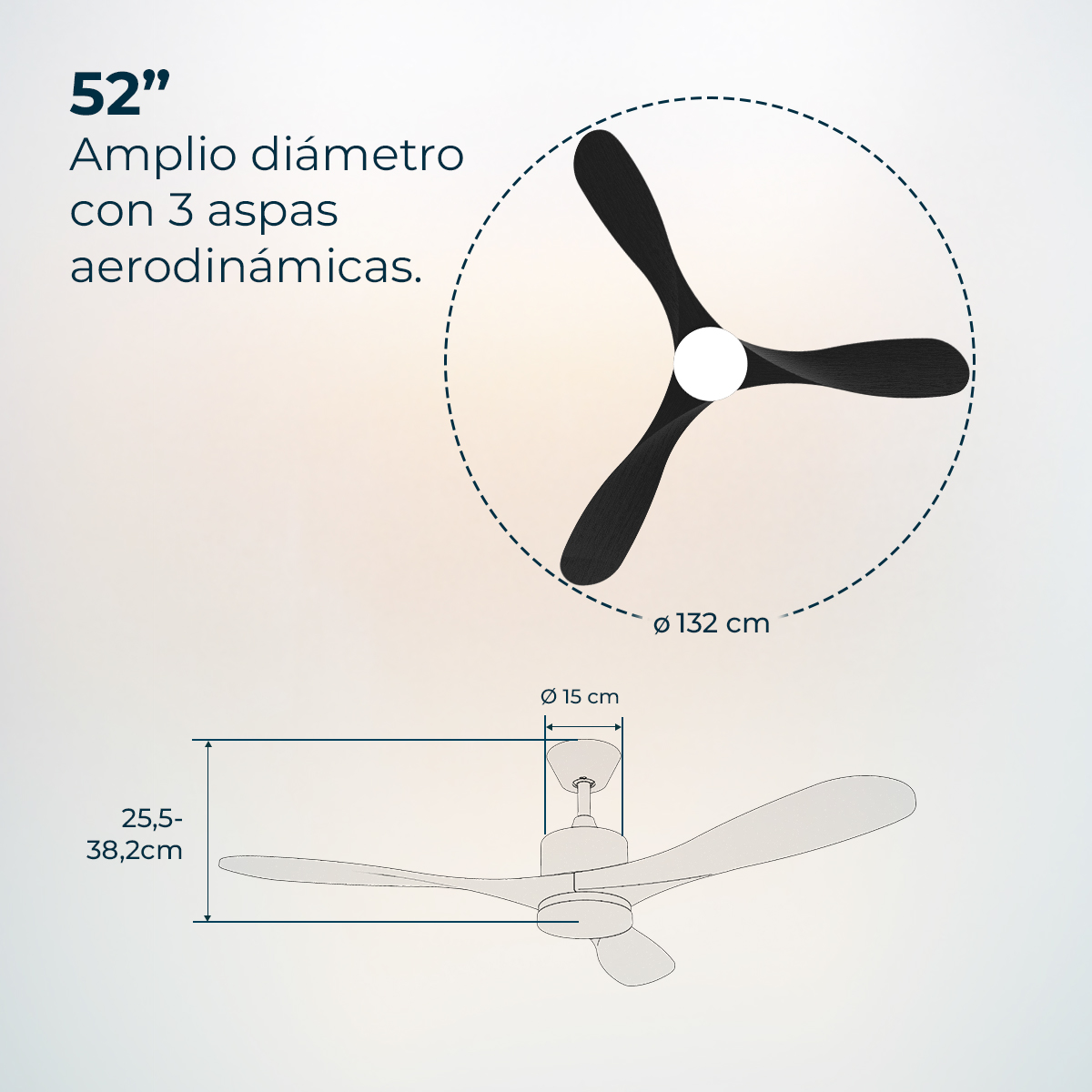 Schema di un ventilatore da soffitto con tre pale nere, un alloggiamento motore bianco e dimensioni in centimetri.