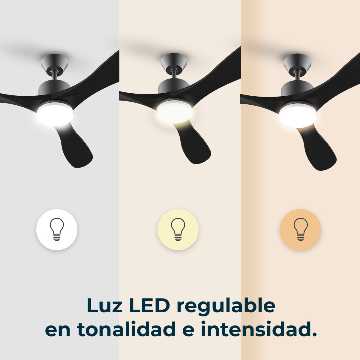 Tre ventilatori a soffitto con luce LED regolabile. Ogni ventola mostra una diversa tonalità di luce. Testo: luce LED regolabile.