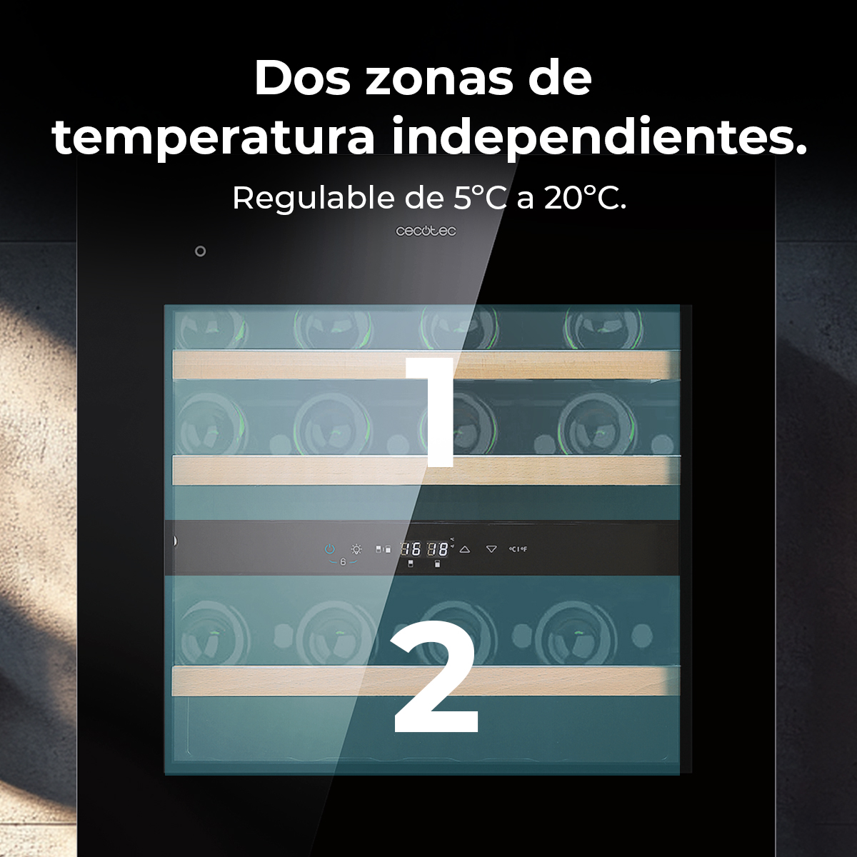 Vinoteca con dos zonas. Muestra botellas, pantalla de temperatura y los números 1 y 2. Texto en español.