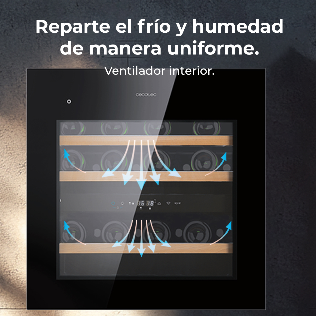 Una vinoteca con puerta de cristal. Dentro, se ven botellas. Las flechas muestran la circulación del aire. Texto superior: Distribuye el frío y la humedad uniformemente.
