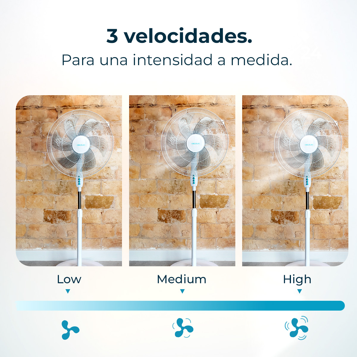 Obraz przedstawia trzy wentylatory elektryczne z różnymi prędkościami na tle ceglanej ściany. Tekst wskazuje ustawienia niskie, średnie i wysokie.