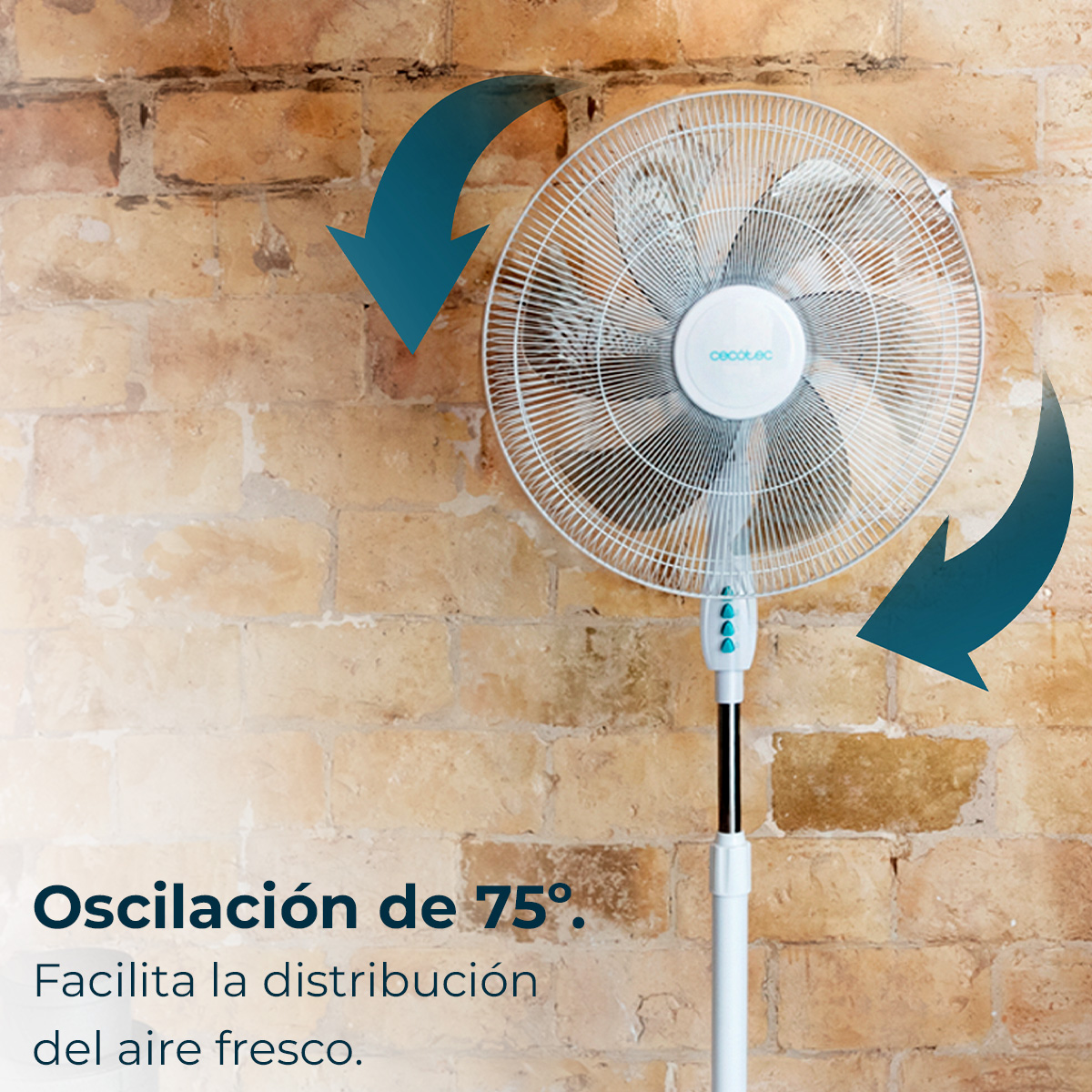 Biały wentylator oscylacyjny z tłem z ceglanej ściany. Strzałki wskazują ruch wentylatora. Tekst: 'Oscilación de 75°'.