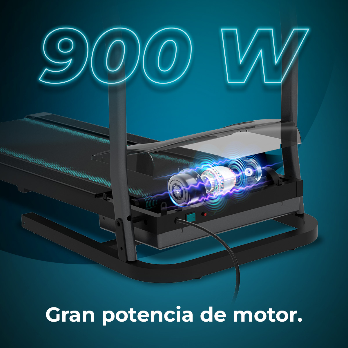 Bieżnia ze wskaźnikiem mocy 900W. Silnik podświetlony iskrami elektrycznymi, poniżej hiszpański tekst: Gran potencia de motor.