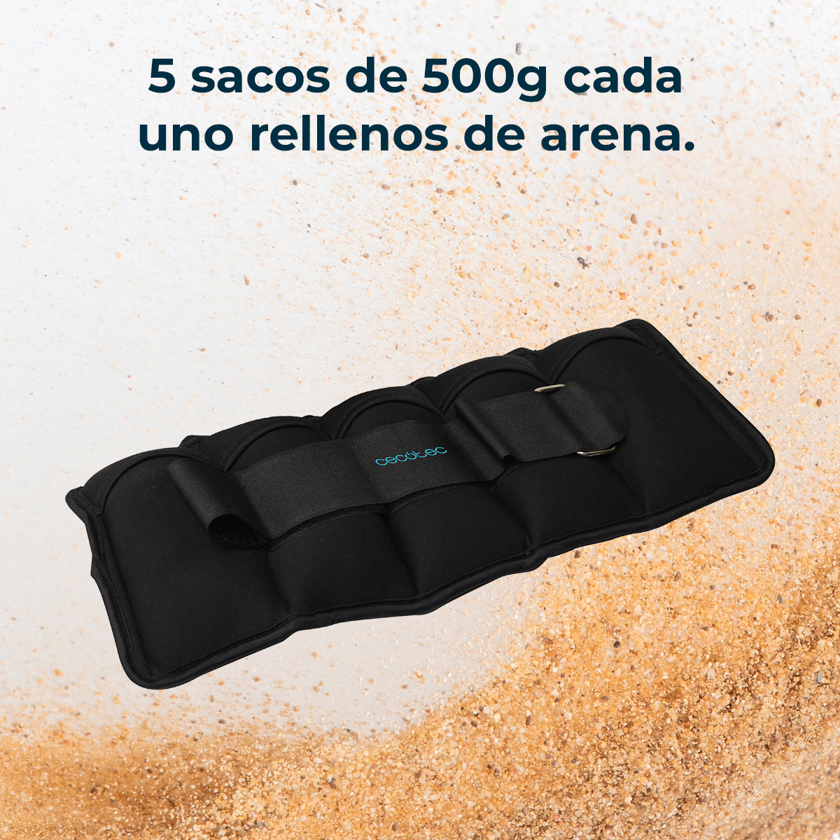 Tobilleras negras con la marca 'cecotec' sobre fondo arenoso. Texto superior: '5 bolsas de 500g cada una llenas de arena'.
