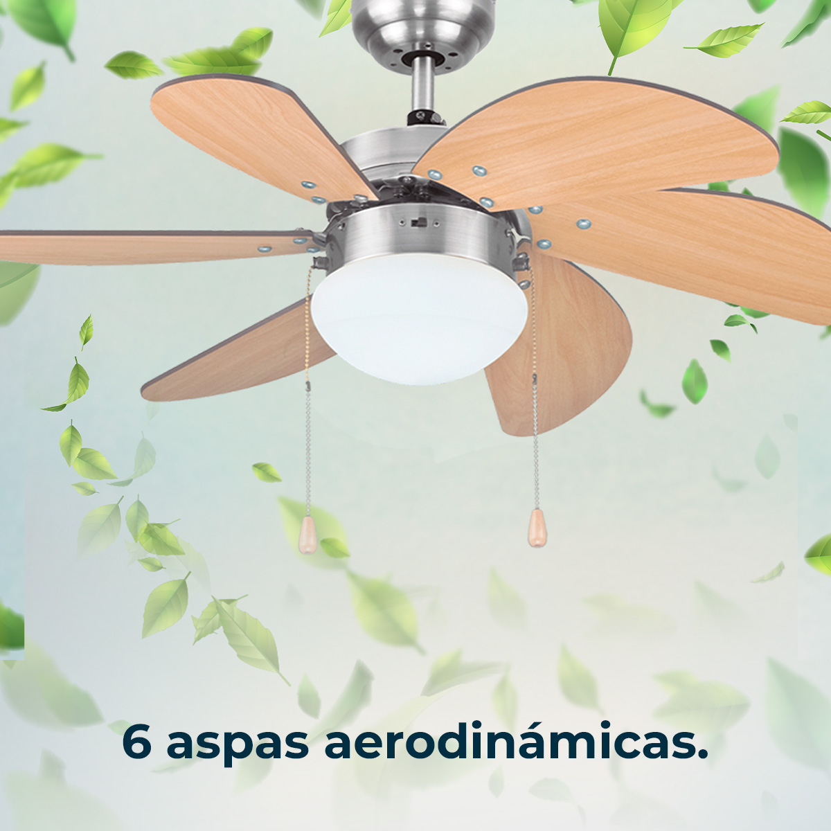 Wentylator sufitowy z drewnianymi łopatkami i światłem. Zielone liście są rozrzucone. Tekst na dole mówi: 6 aerodynamicznych łopatek.
