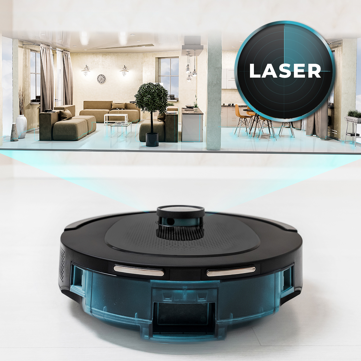 Una aspiradora robot negra en un suelo blanco, escaneando un interior. Un icono láser se muestra sobre la habitación.