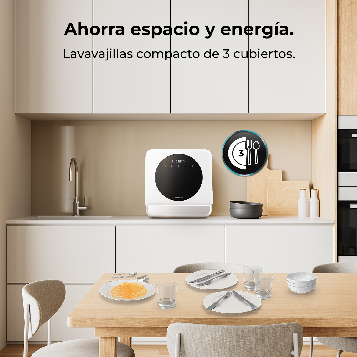 Un lavavajillas compacto con platos en una mesa de madera. Un lavavajillas blanco y negro está en el mostrador. Texto: Ahorra espacio y energía.