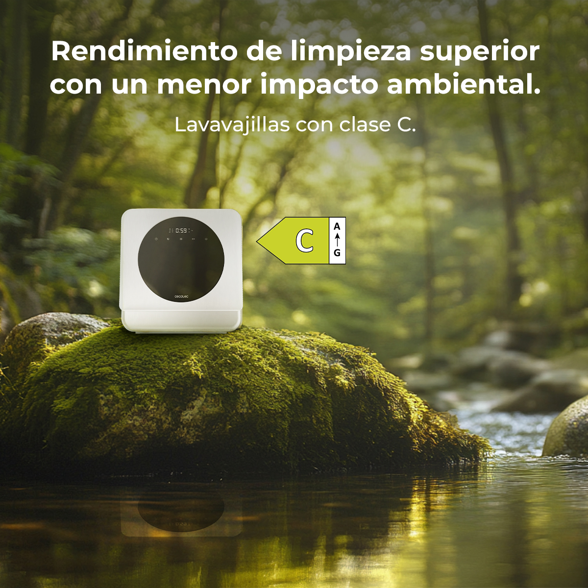Un lavavajillas blanco con un círculo negro está sobre una roca musgosa en un bosque. Una etiqueta de eficiencia energética muestra 'C'.