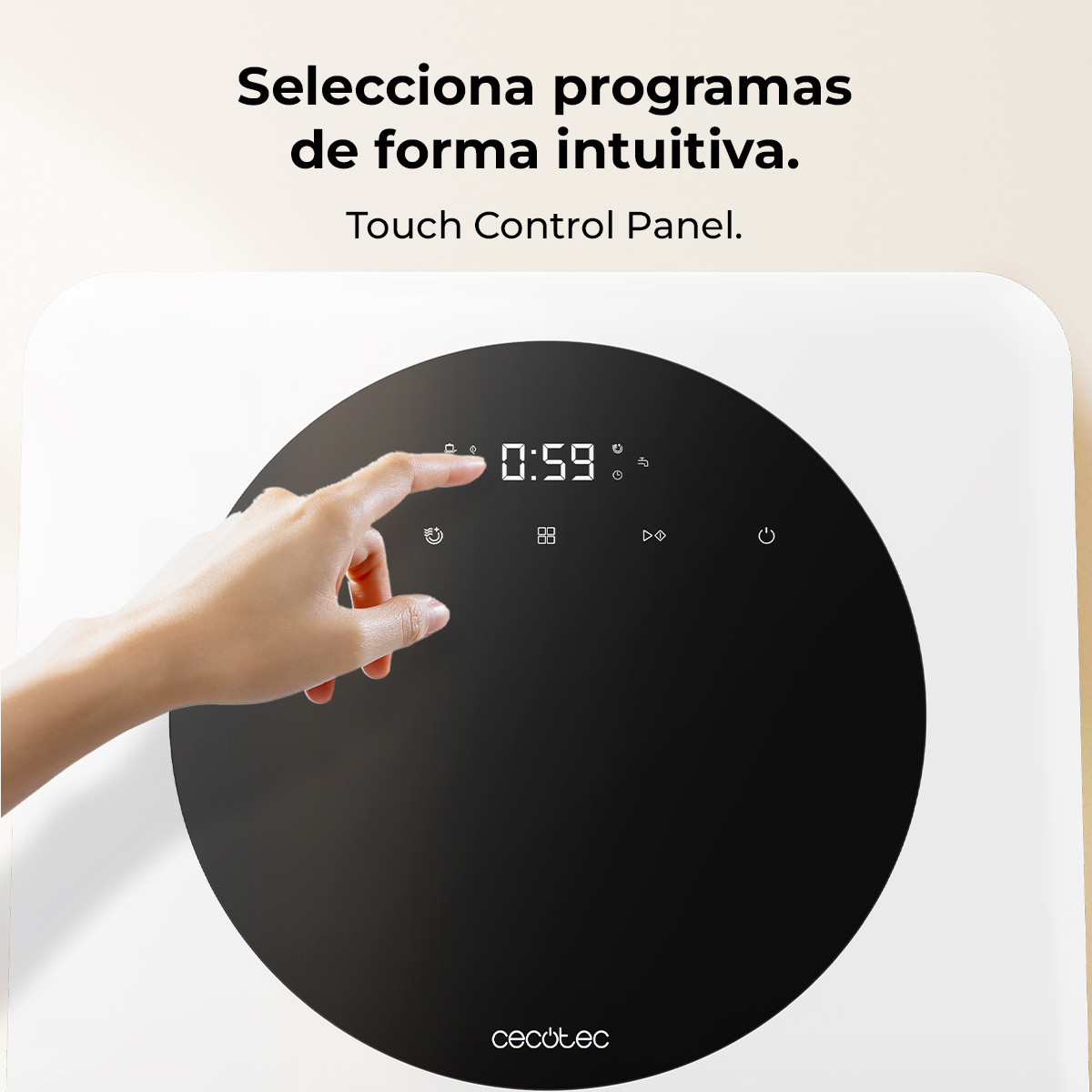 Una mano toca un panel de control táctil negro. La pantalla muestra 0:59. El texto blanco de arriba dice 'Touch Control Panel'.