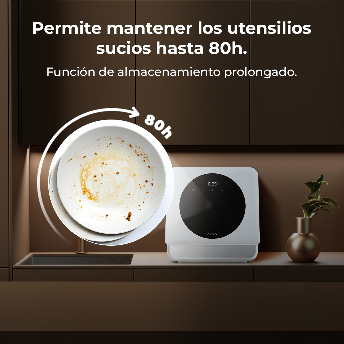 Un plato sucio sobre una encimera, un lavavajillas blanco y un jarrón con una planta. El texto dice 'Mantén los utensilios sucios durante 80h'.