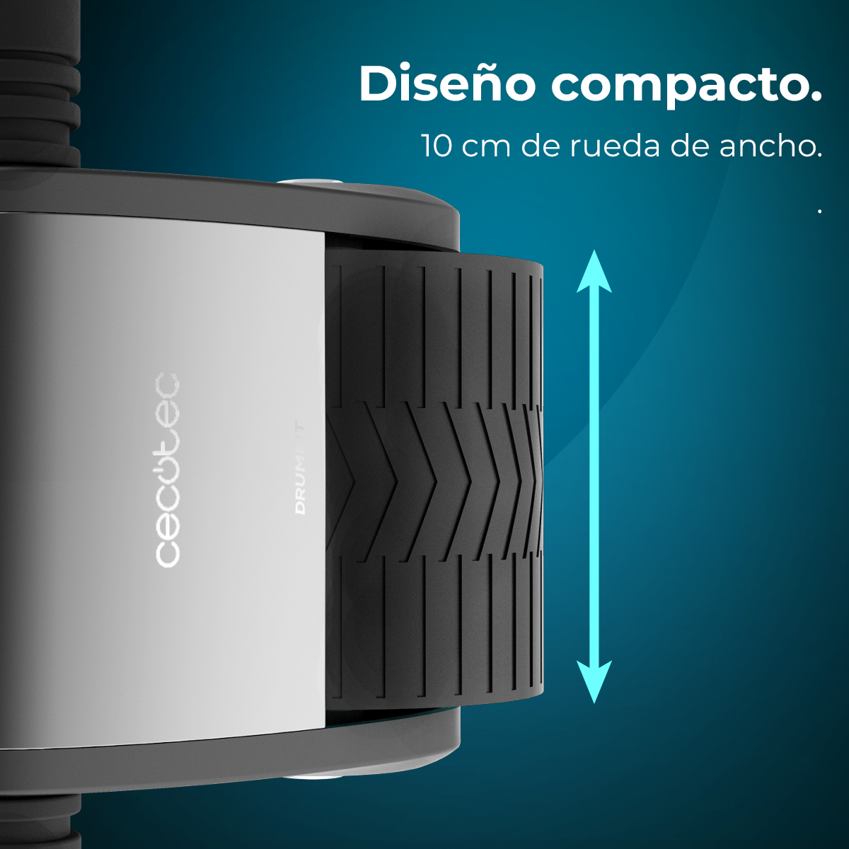 Primo piano di un dispositivo cilindrico nero e grigio. Frecce indicano l'altezza del dispositivo. Testo in spagnolo: 'Design compatto'.