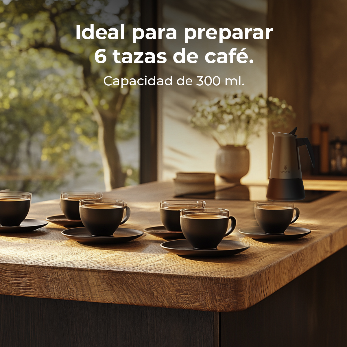Seis tazas de café sobre una mesa de madera, con una cafetera y flores al fondo. La escena es interior.
