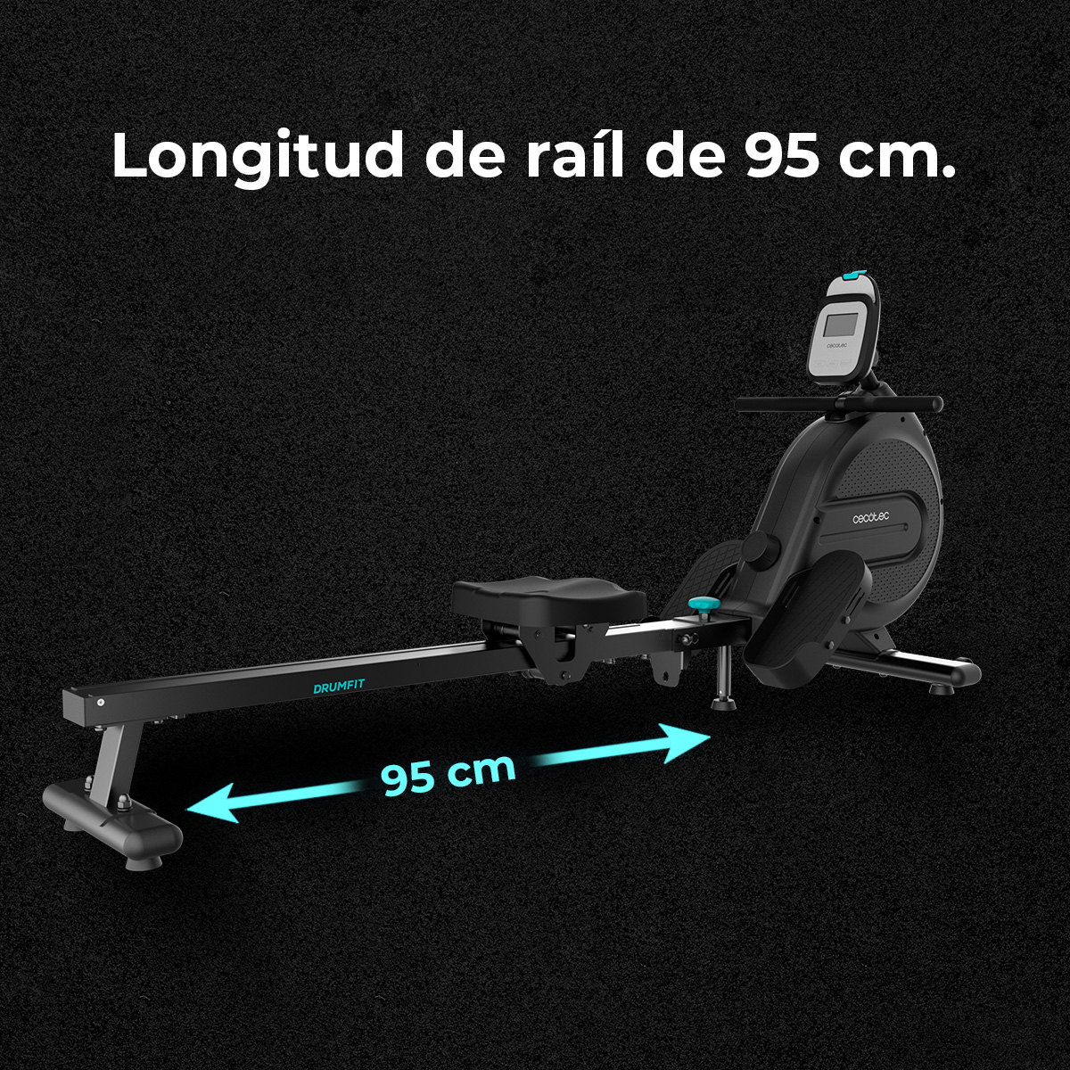 Una máquina de remo negra con una longitud de riel de 95 cm se muestra sobre un fondo negro texturizado. Texto en blanco en la parte superior.