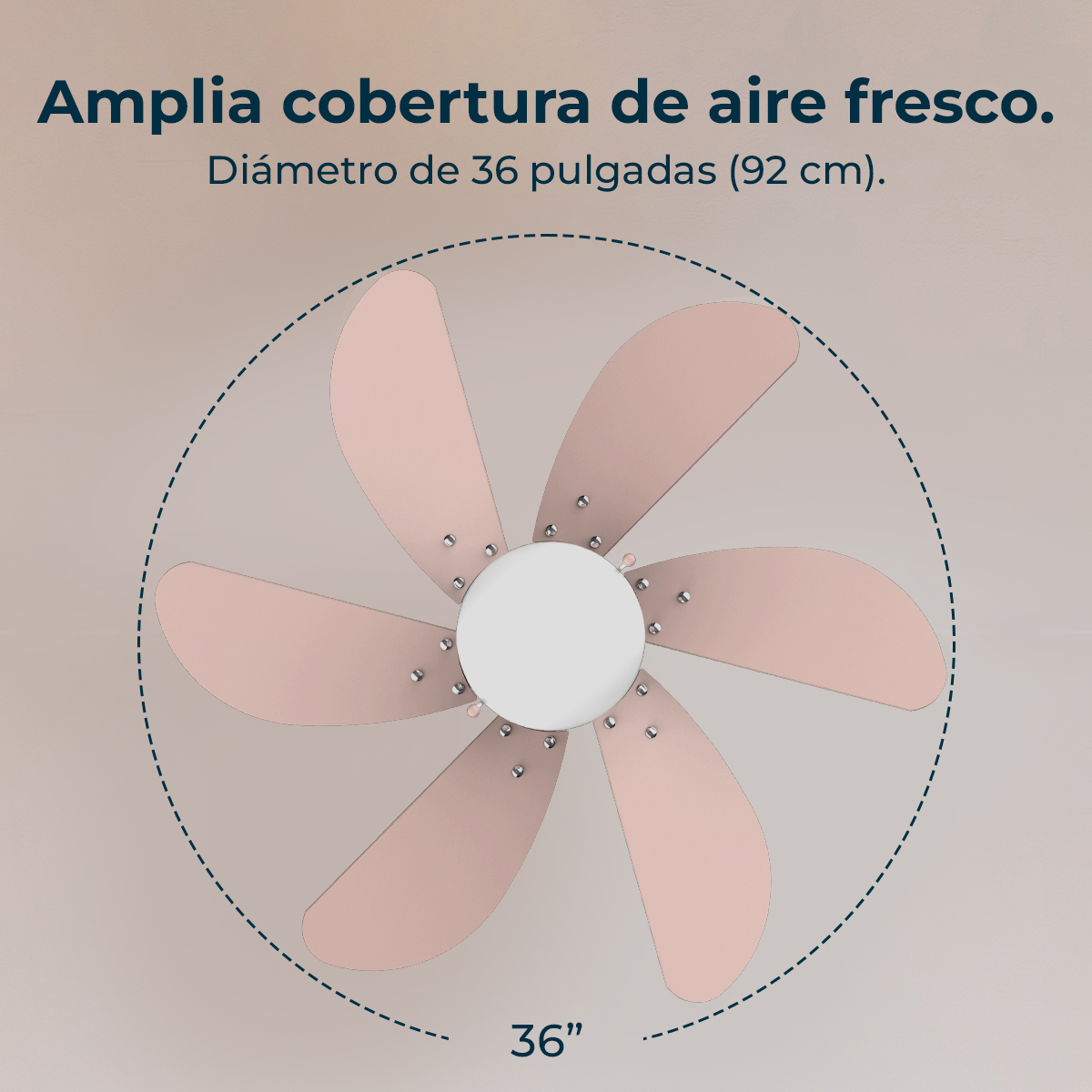 Un ventilatore a soffitto con sei pale rosa chiaro, un centro bianco e il testo 'Amplia cobertura de aire fresco'.
