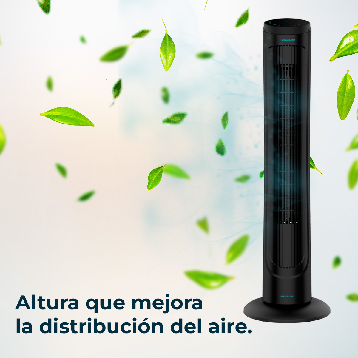 Czarny wentylator wieżowy na białym tle. Zielone liście unoszą się. Tekst: 'Altura que mejora la distribución del aire'.