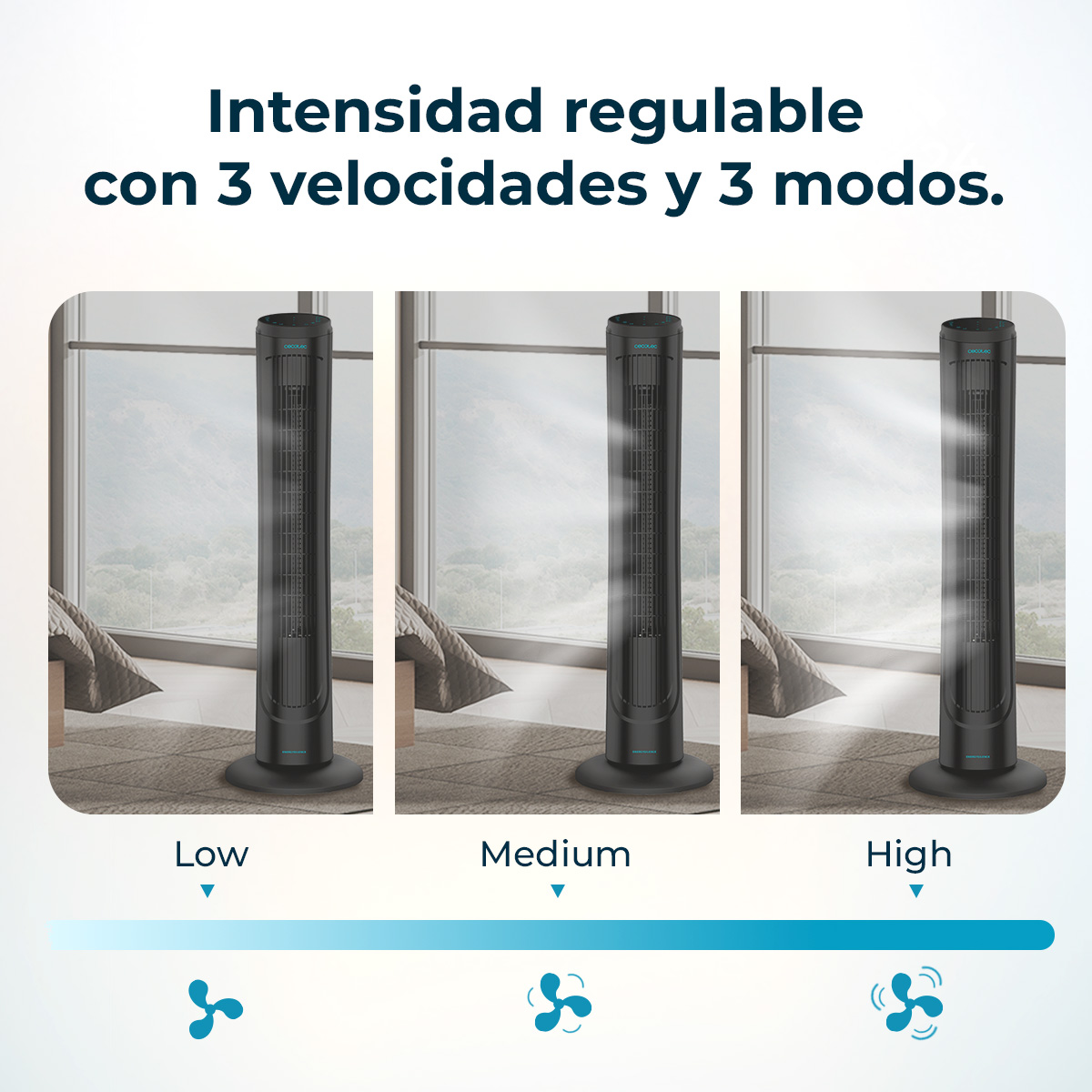 Trzy czarne wentylatory wieżowe, oznaczone Niskie, Średnie, Wysokie, z ikonami wentylatorów poniżej. Tekst: 'Regulowana intensywność z 3 prędkościami i 3 trybami.'