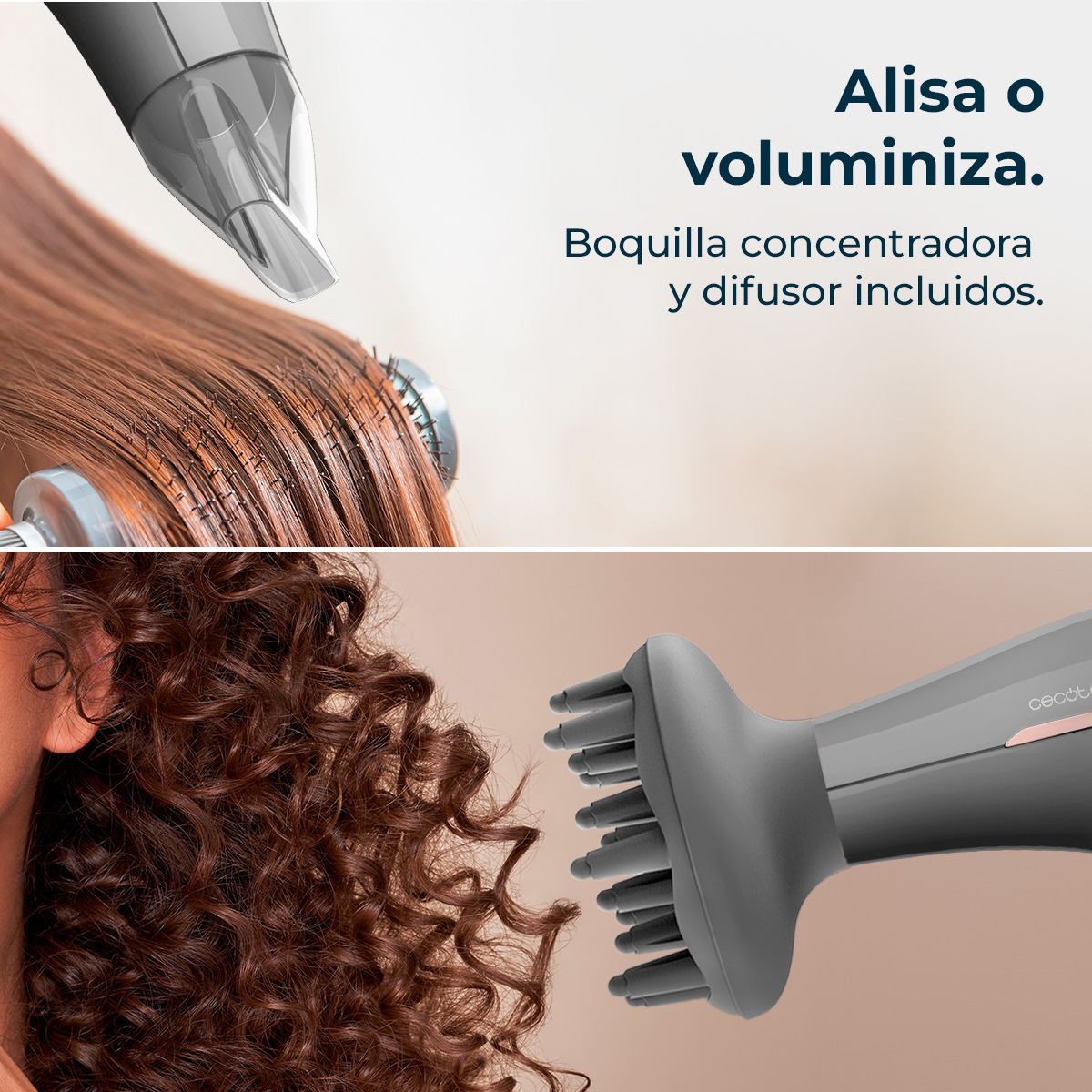 Viene mostrato un asciugacapelli. Una parte liscia i capelli con una spazzola, un'altra diffonde i ricci. Testo: Liscia o volumizza. Ugello e diffusore inclusi.