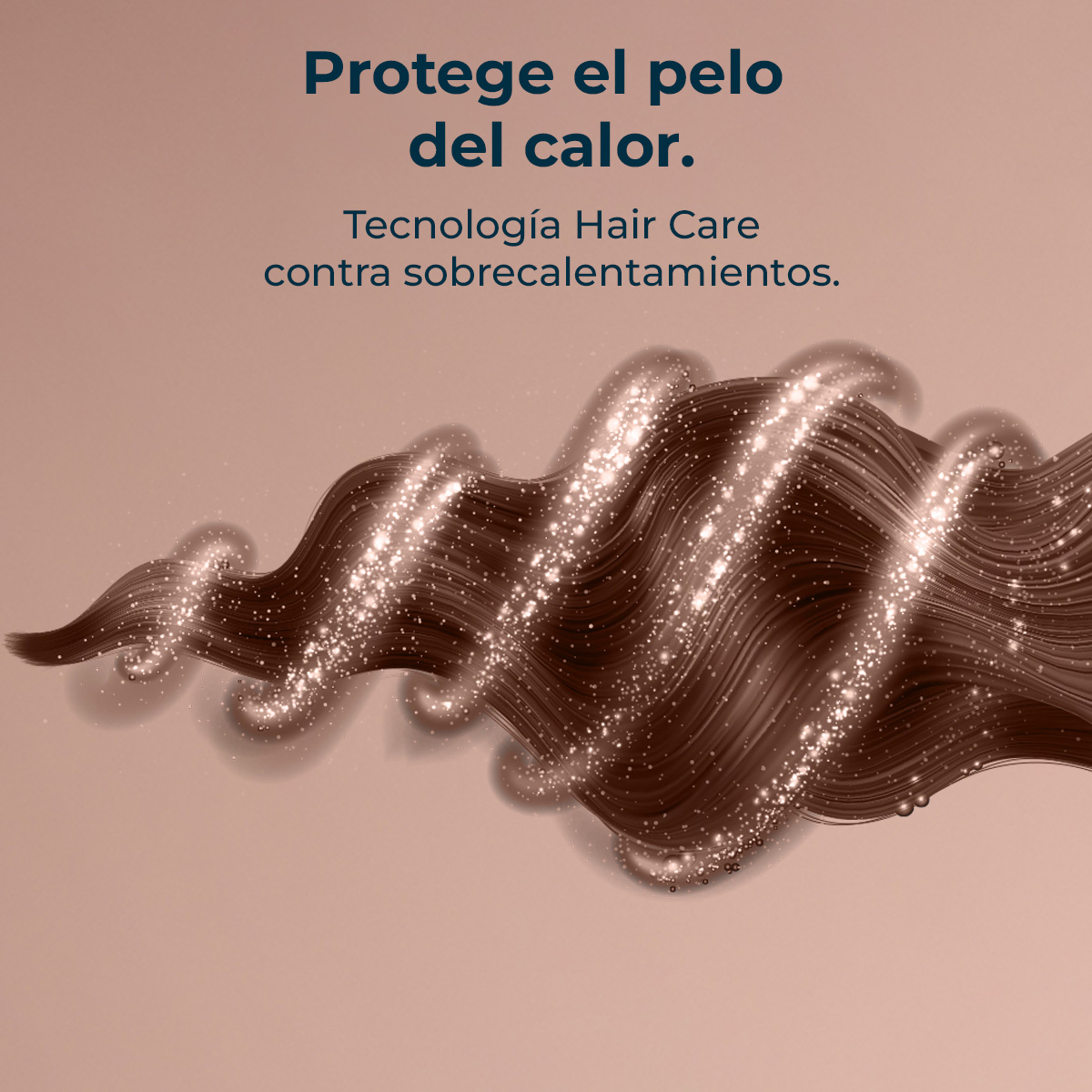 Illustrazione di capelli castani con riflessi scintillanti, testo in spagnolo: 'Protege el pelo del calor.' e 'Tecnología Hair Care'.