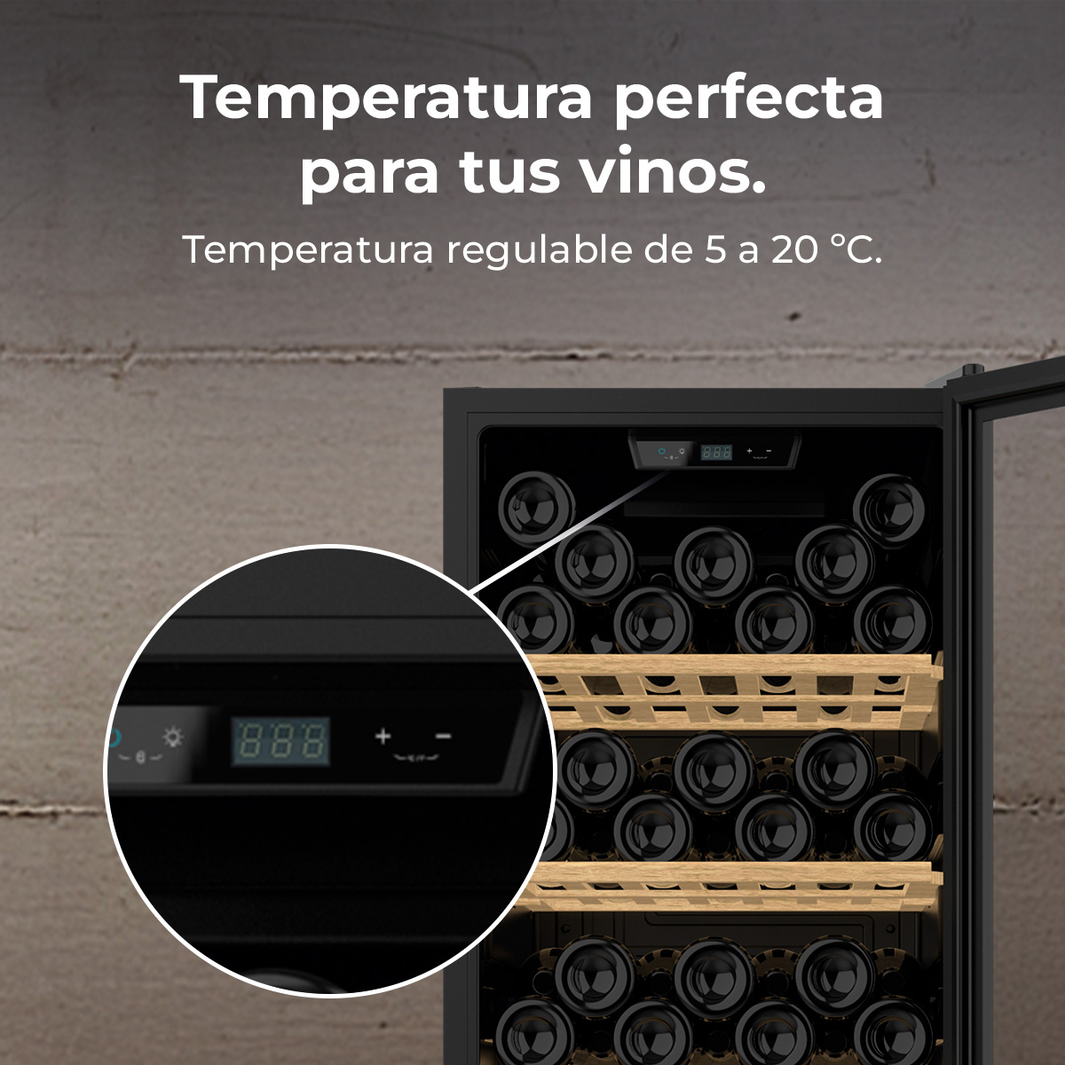 Una vinoteca con botellas dentro. Tiene una pantalla digital y estantes de madera. El texto dice 'Temperatura perfecta para tus vinos'.