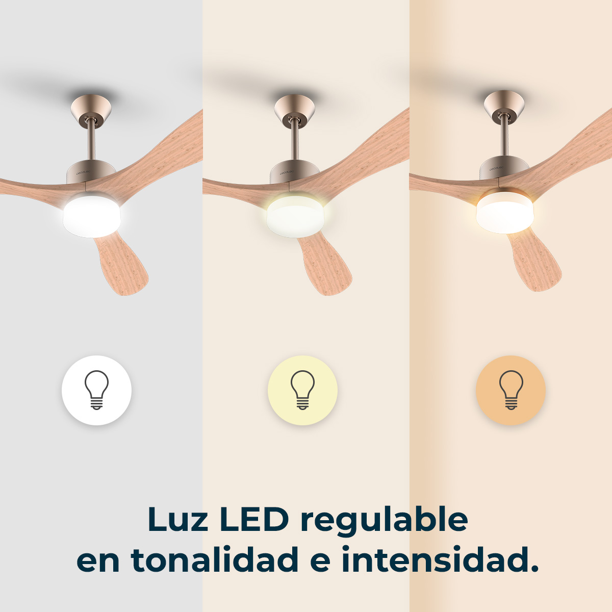 Obraz przedstawia wentylator sufitowy z regulowanym oświetleniem LED. Wyświetlane są trzy różne odcienie światła wraz z ikonami żarówek.