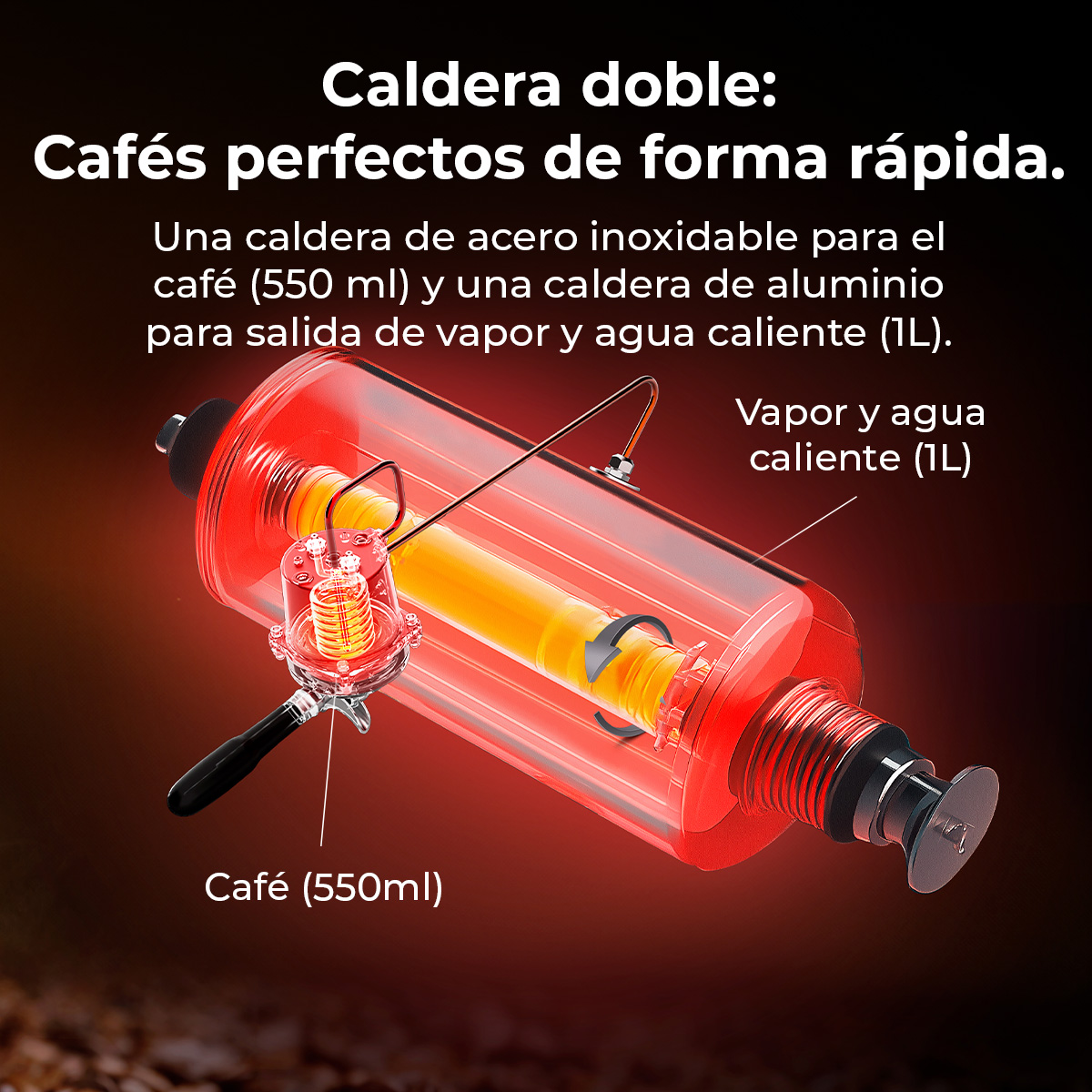 Schema di una caldaia doppia per caffè. Mostra una macchina da caffè con i dettagli del circuito acqua e vapore.