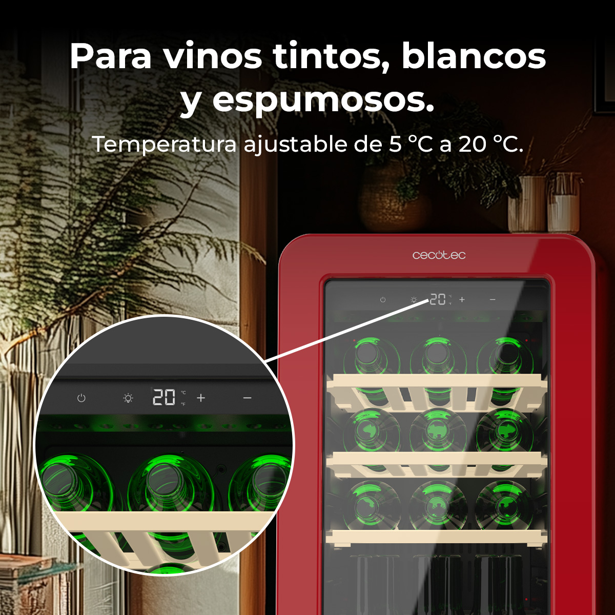 Una cantinetta rossa con bottiglie di vino all'interno. Un primo piano mostra la temperatura a 20 gradi Celsius. Testo: Per vini rossi, bianchi e spumanti.