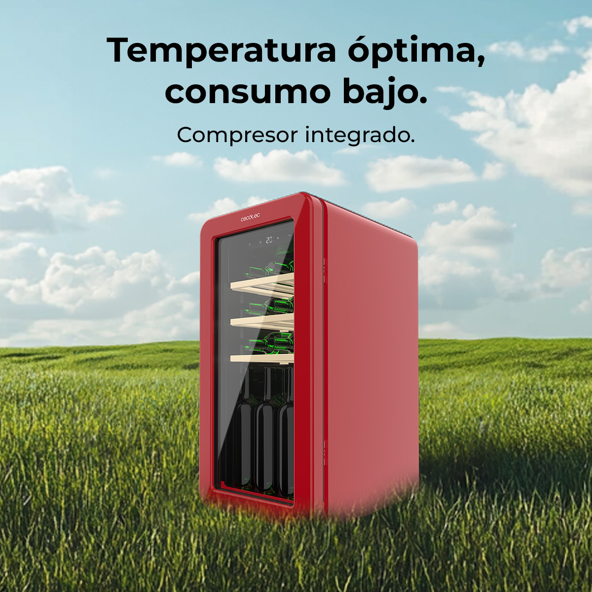 Un refrigeratore per vino rosso è su erba verde sotto un cielo blu. Il testo in alto dice: 'Temperatura ottimale, basso consumo'.