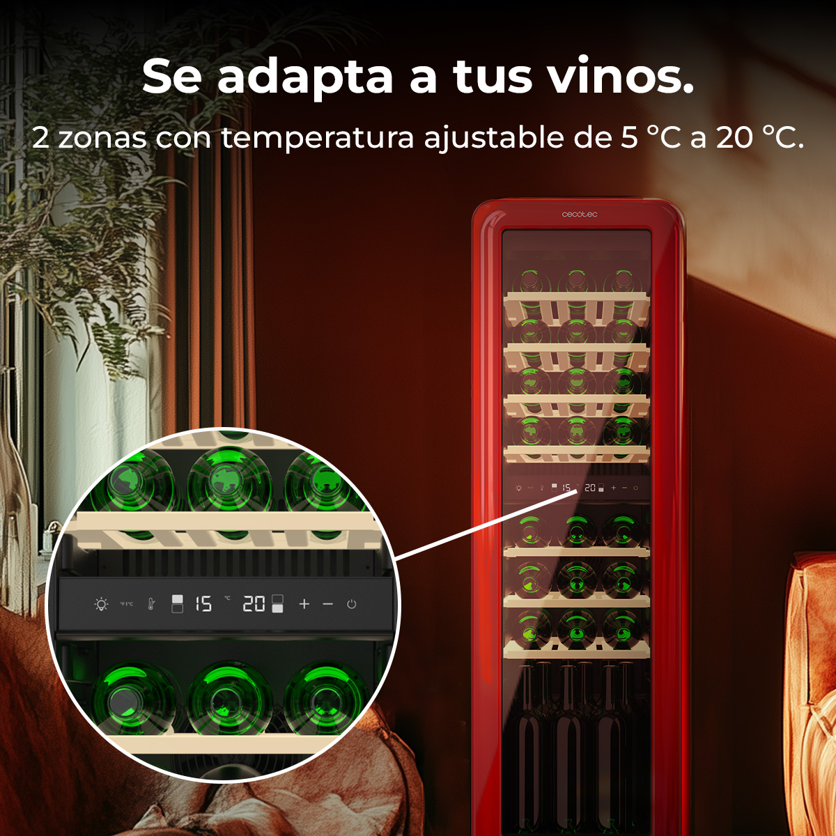 Una cantinetta rossa con bottiglie illuminate. Un pannello di controllo ingrandito mostra le impostazioni della temperatura. Testo: 'Se adapta a tus vinos.'