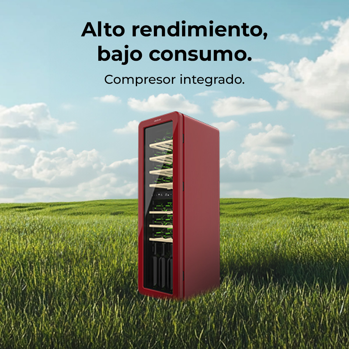 Un refrigeratore per vino rosso è in un campo verde sotto un cielo nuvoloso. Il testo in alto recita: 'Alte prestazioni, basso consumo'.