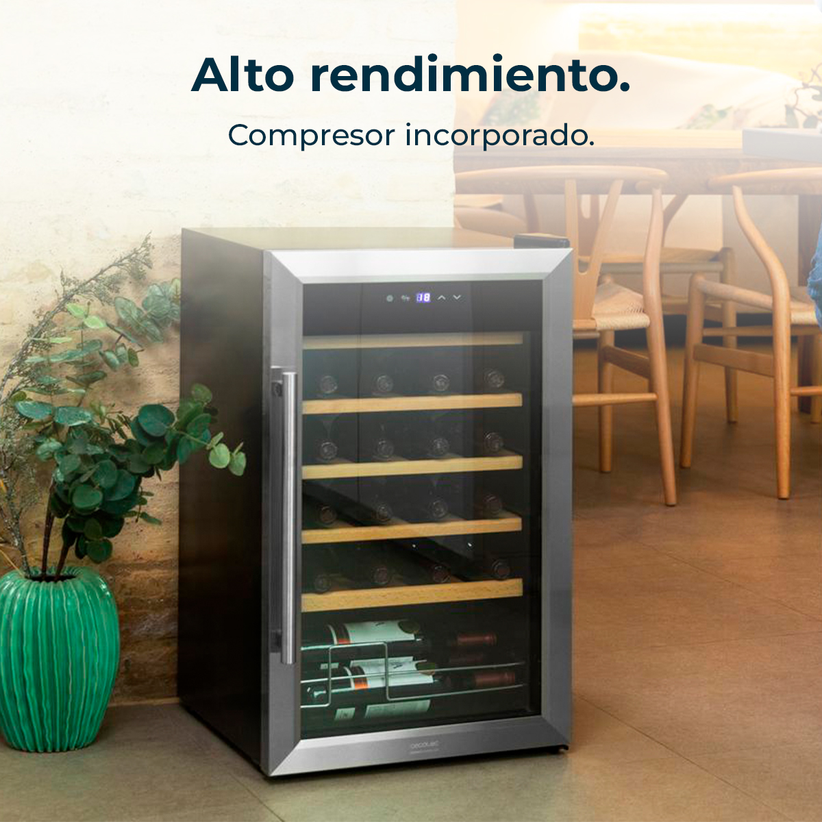 Chłodziarka do wina z butelkami, zielony wazon z roślinami po lewej i drewniany stół w tle.