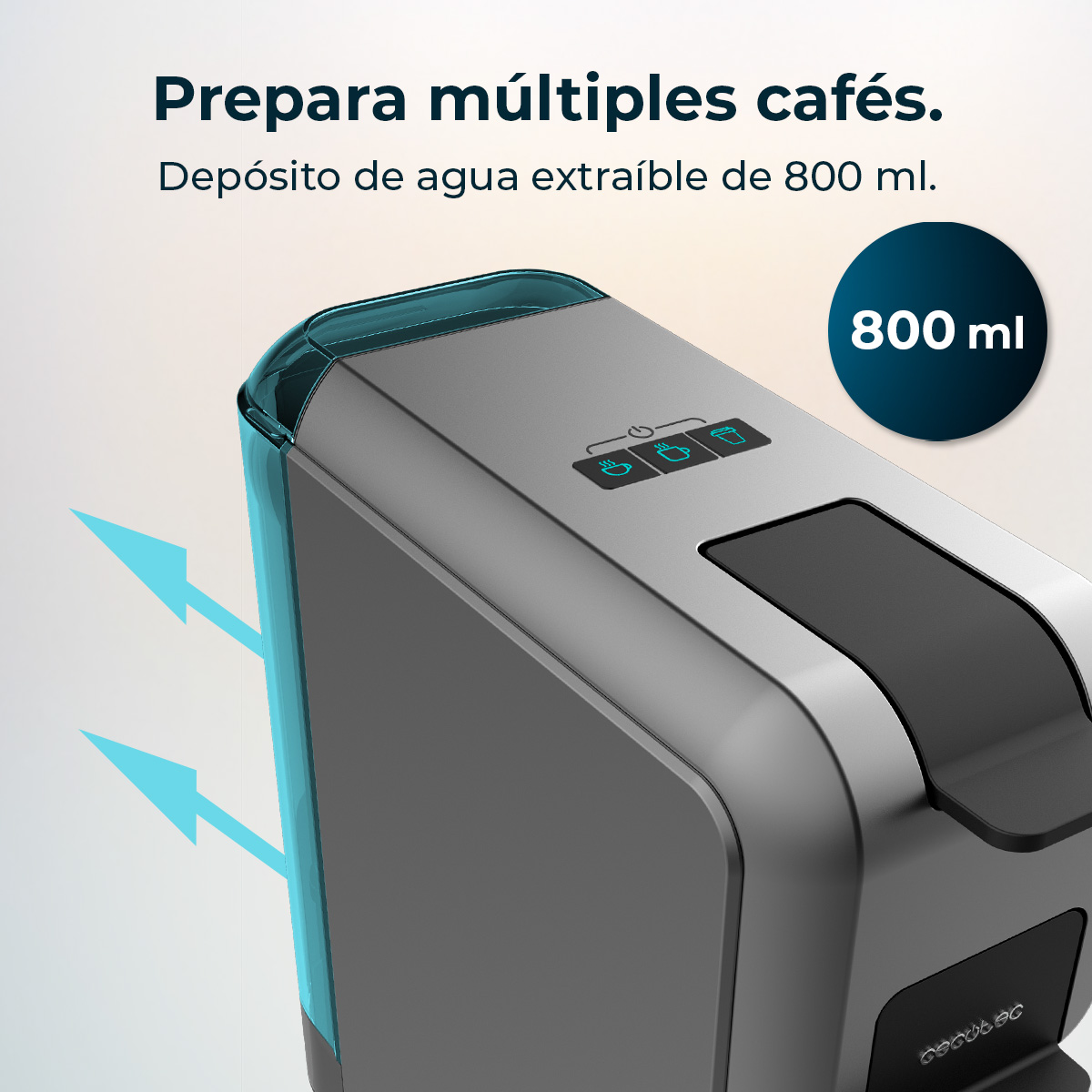 Una macchina da caffè grigia con la parte superiore nera. Ha un serbatoio dell'acqua rimovibile da 800 ml, indicato da frecce blu. Il testo dice: Prepara più caffè.