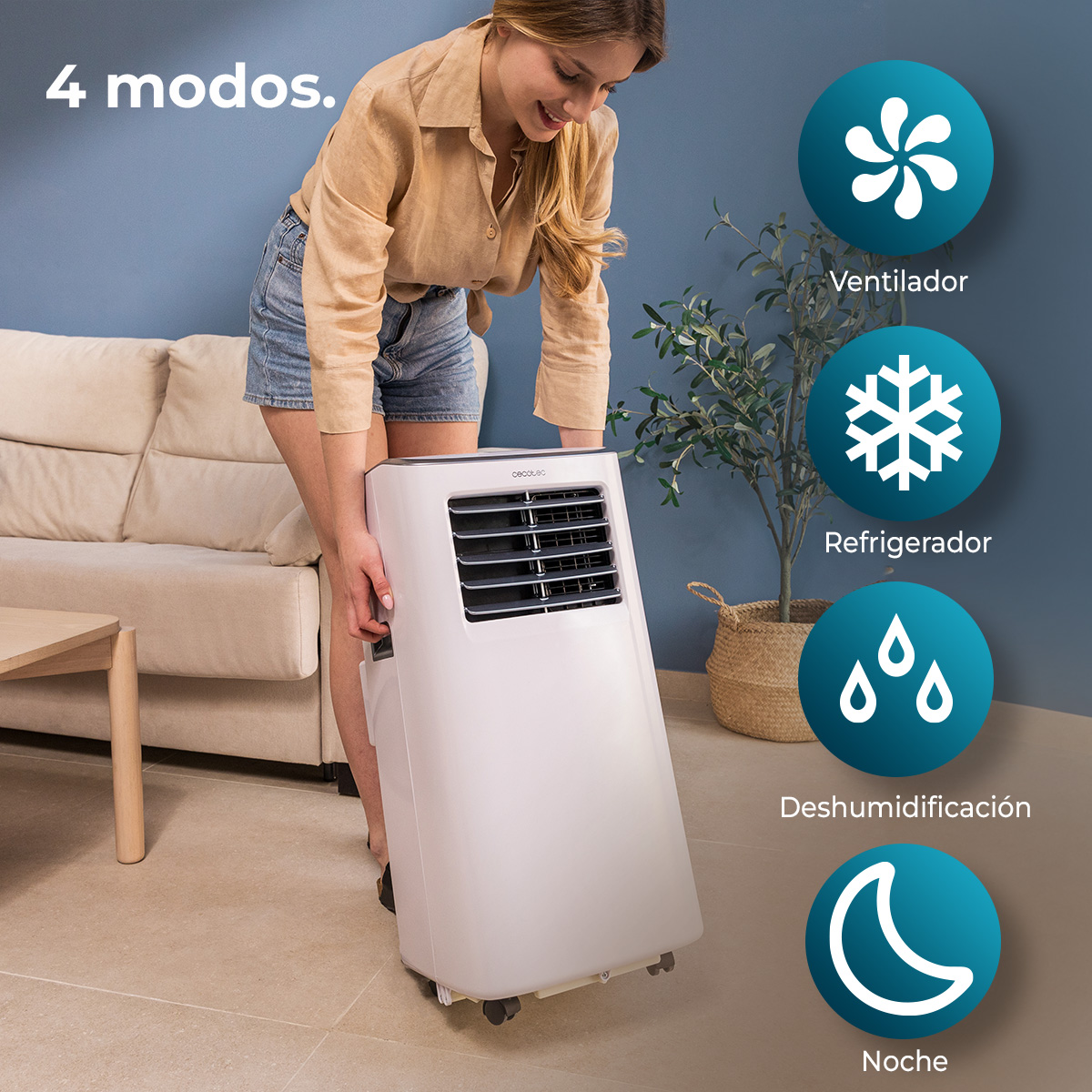 Kobieta obsługuje biały przenośny klimatyzator. Pokazano cztery tryby: Wentylator, Chłodziarka, Osuszanie i Noc.