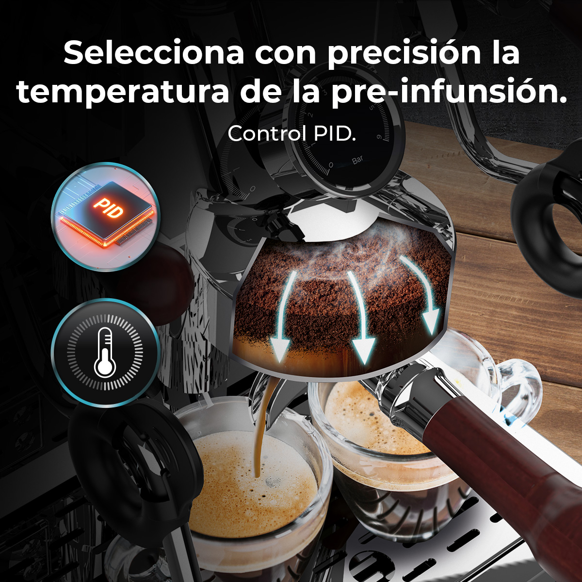 Macchina per espresso che prepara il caffè in due tazze di vetro. Le frecce indicano il flusso d'acqua. Testo: 'Control PID'.